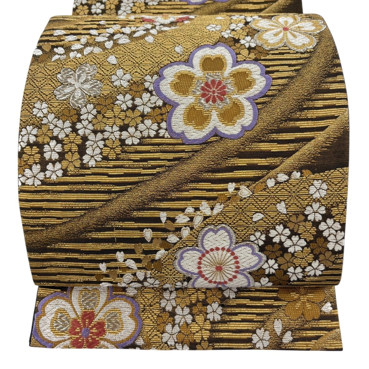 袋帯 秀品 桜 花びら 金銀糸 箔 灰茶 六通 正絹｜中古・古着