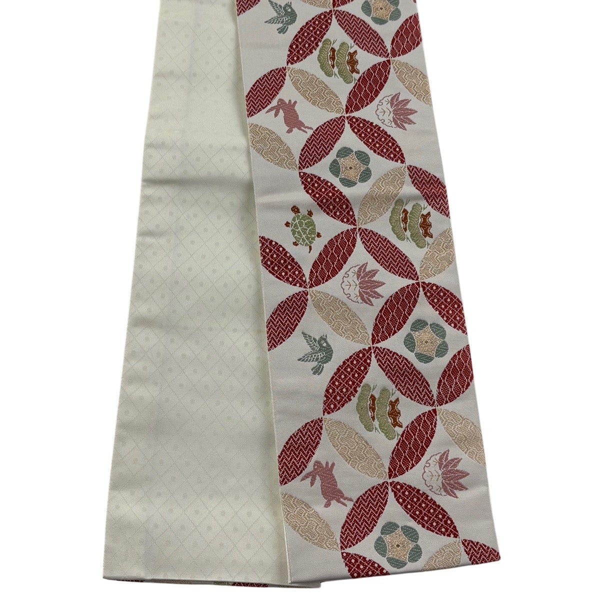美品】半幅帯 優品 撫松庵 七宝 松竹梅 金糸 クリーム 化繊｜中古
