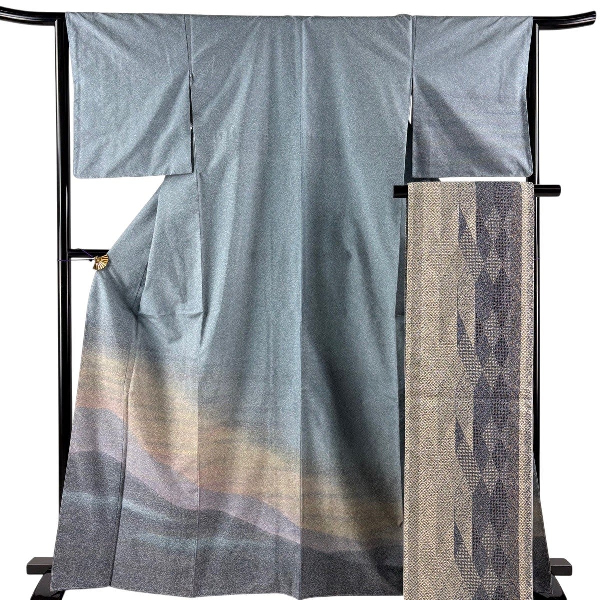 たかびっちNo.2728 正絹大島紬地幾何学絞り袋帯　証紙　美品 美品】 付下げ 身丈165cm 裄丈64cm M 袷 袋帯セット 大島紬地 証紙あり