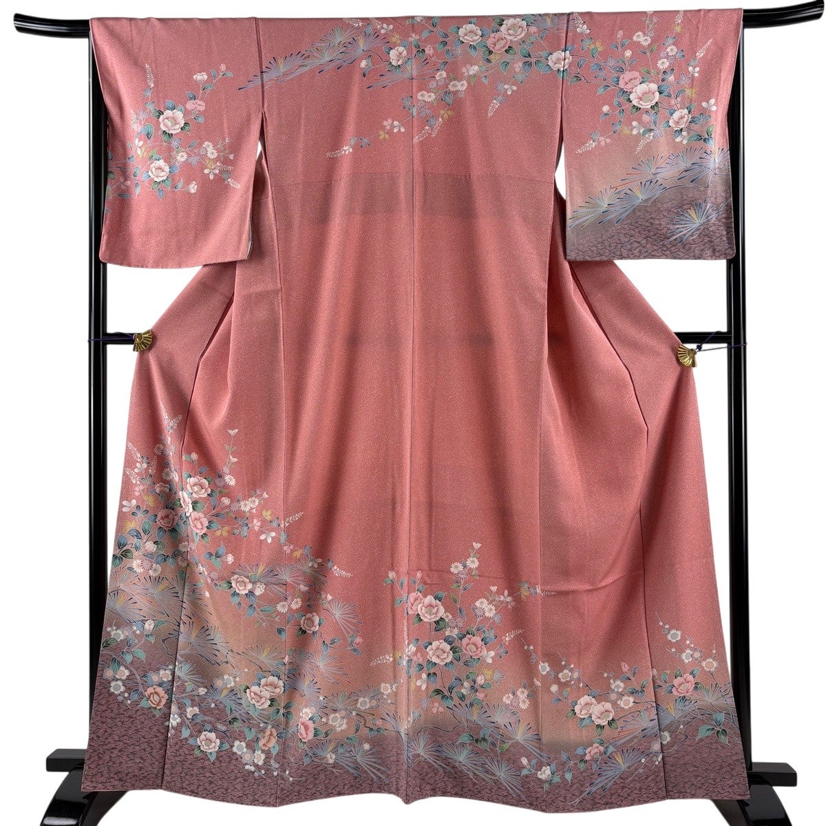 正絹　上質な訪問着　花柄　袷　身丈大きめ 訪問着 身丈158.5cm 裄丈63cm S 袷 扇面 辻が花柄 金彩 ぼかし 茶緑色