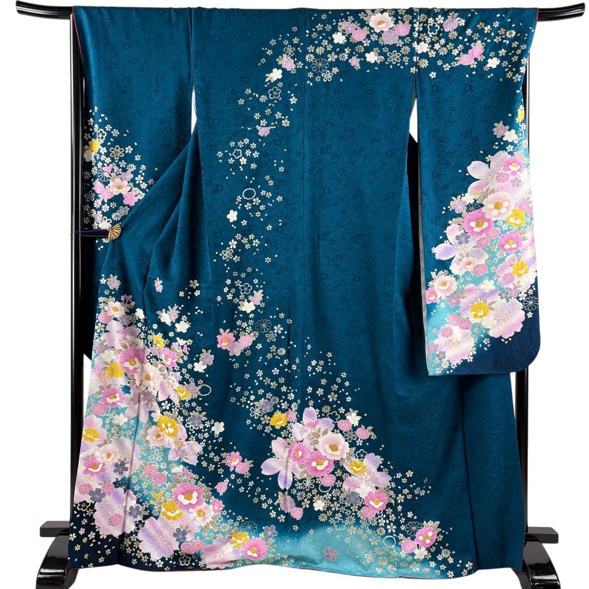 振袖 身丈168cm 裄丈67.5cm L 袷 草花 桜 金銀彩 刺繍 青緑 正絹 名品