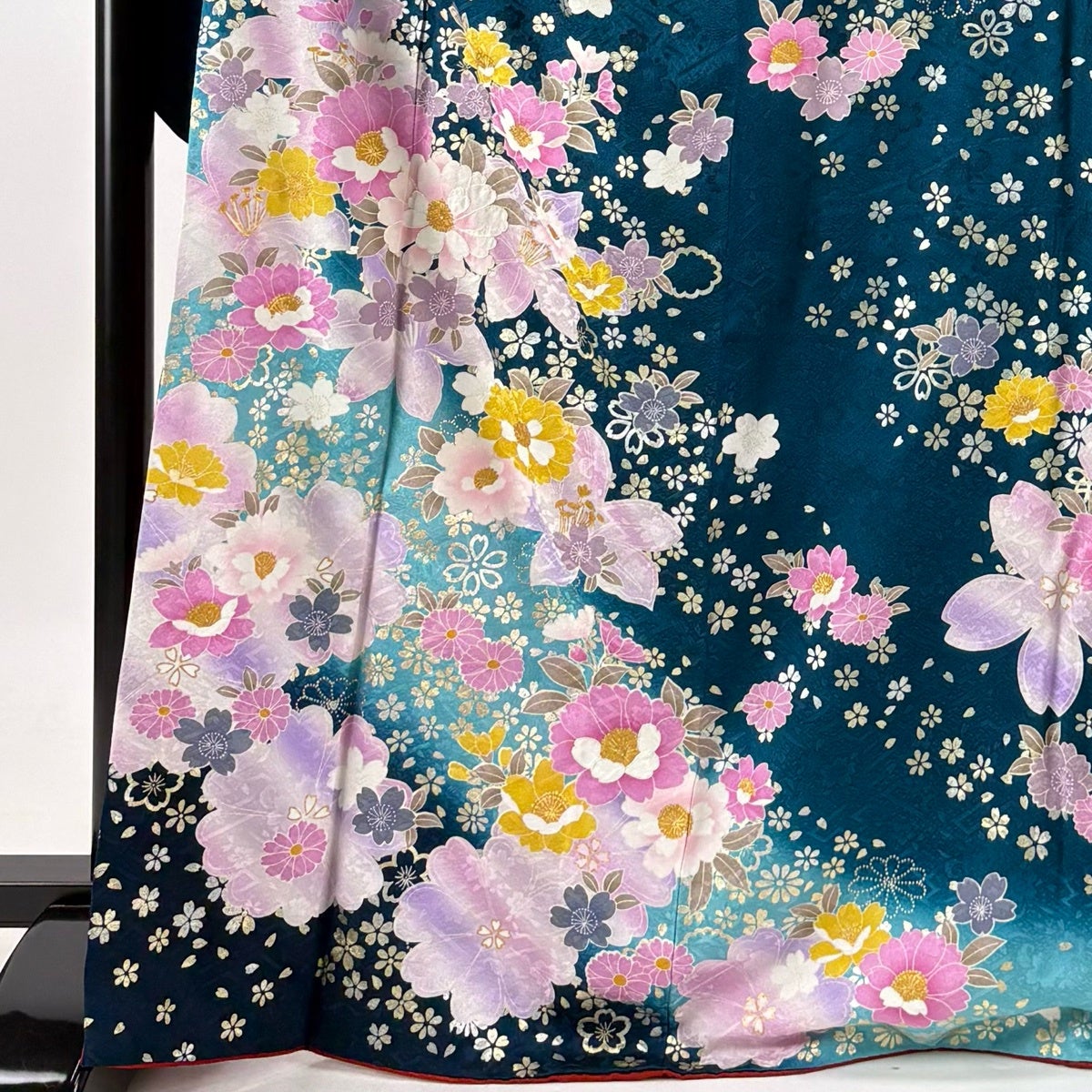 振袖 身丈168cm 裄丈67.5cm L 袷 草花 桜 金銀彩 刺繍 青緑 正絹 名品