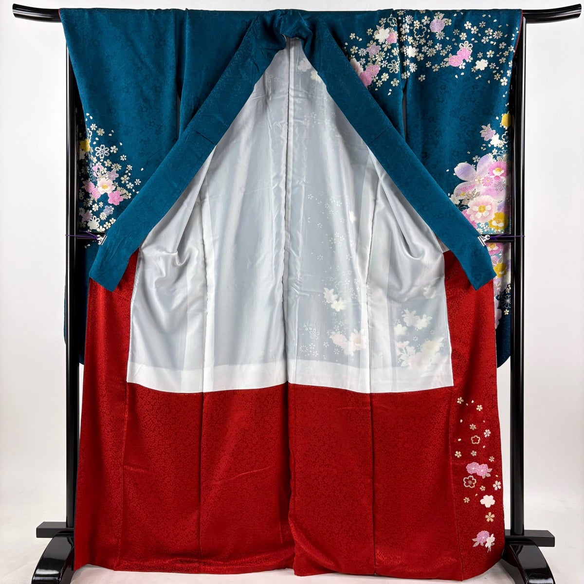振袖 身丈168cm 裄丈67.5cm L 袷 草花 桜 金銀彩 刺繍 青緑 正絹 名品