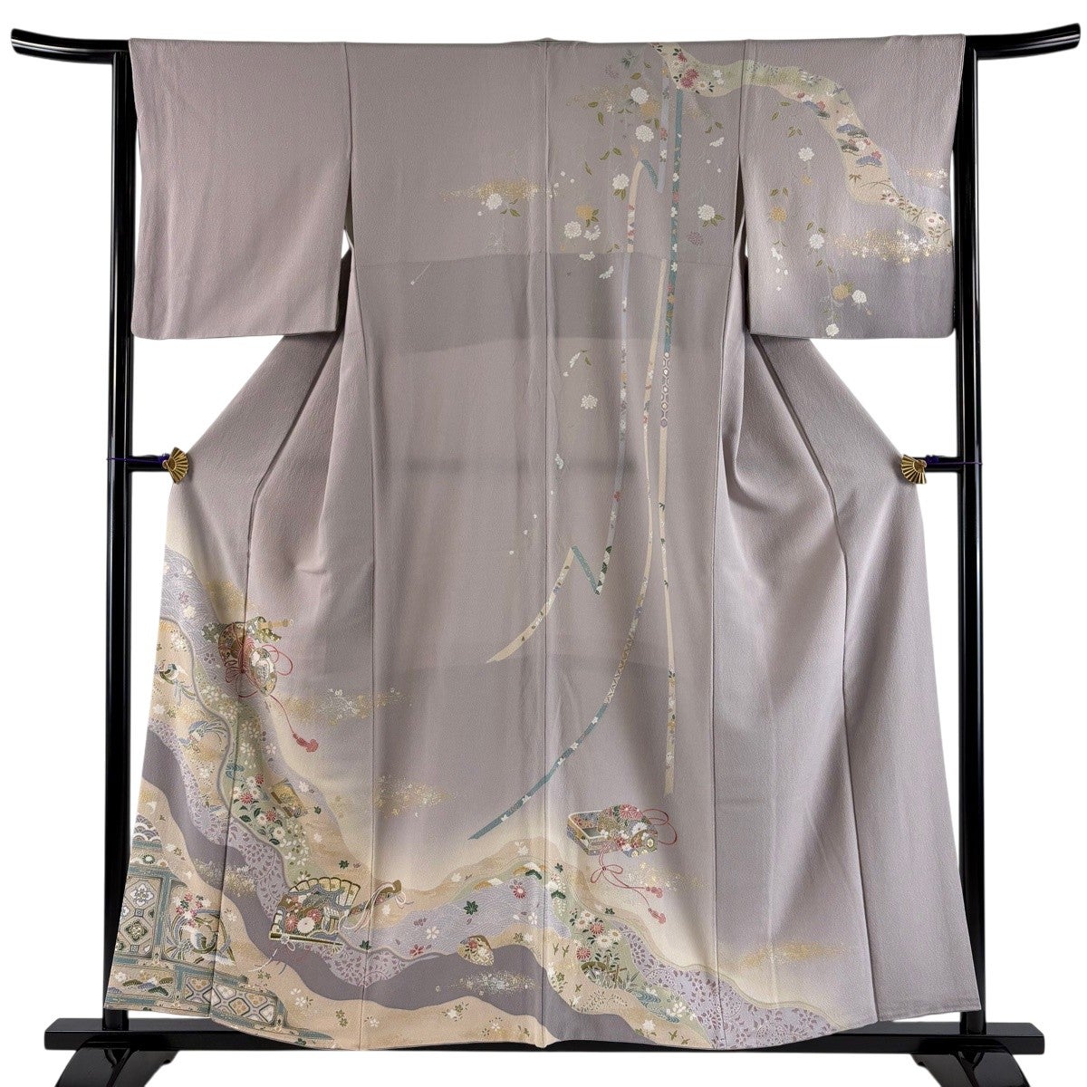 訪問着 身丈156cm 裄丈64cm M 袷 鼓 花鳥 金銀彩 ぼかし 灰紫 正絹