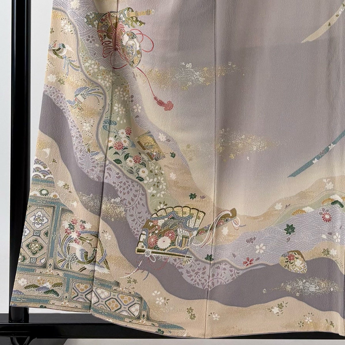 訪問着 身丈156cm 裄丈64cm M 袷 鼓 花鳥 金銀彩 ぼかし 灰紫 正絹