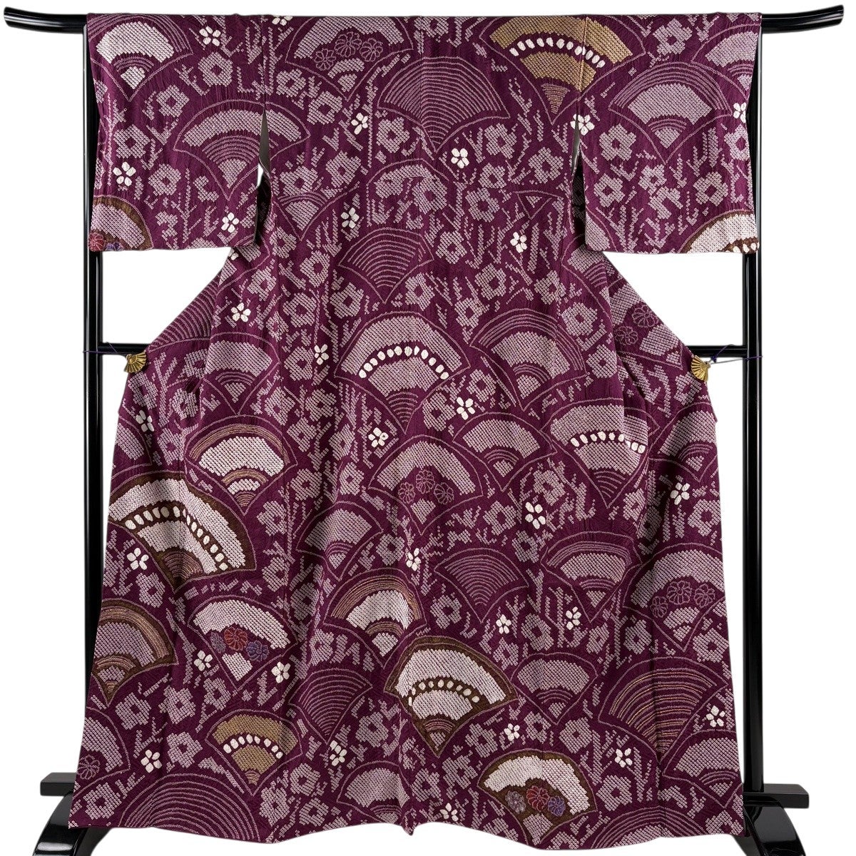 美品】 訪問着 身丈165cm 裄丈66.5cm M 袷 花 扇 絞り 金銀彩 赤紫