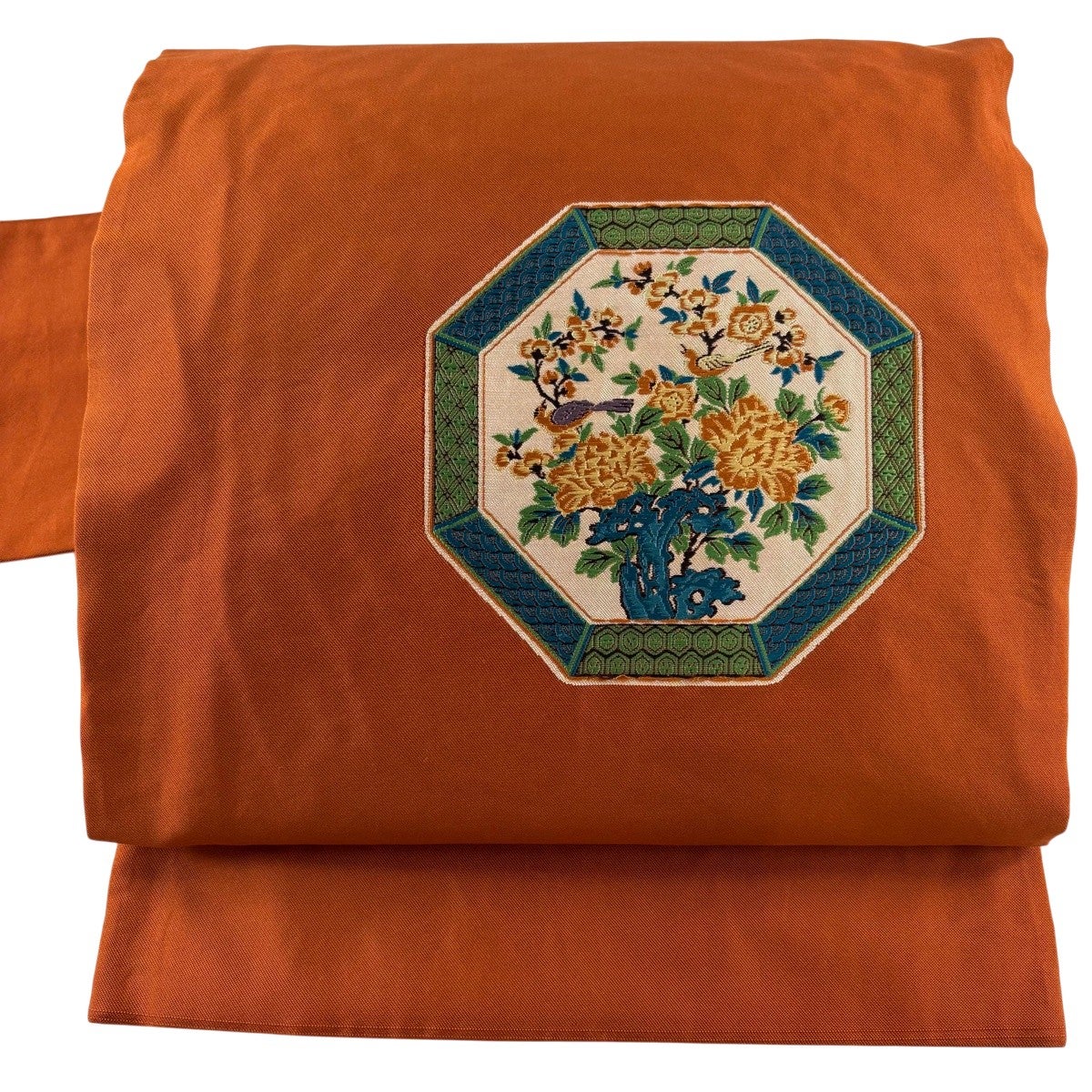 名古屋帯 優品 関西仕立て 草花 鳥 オレンジ 正絹｜中古・古着