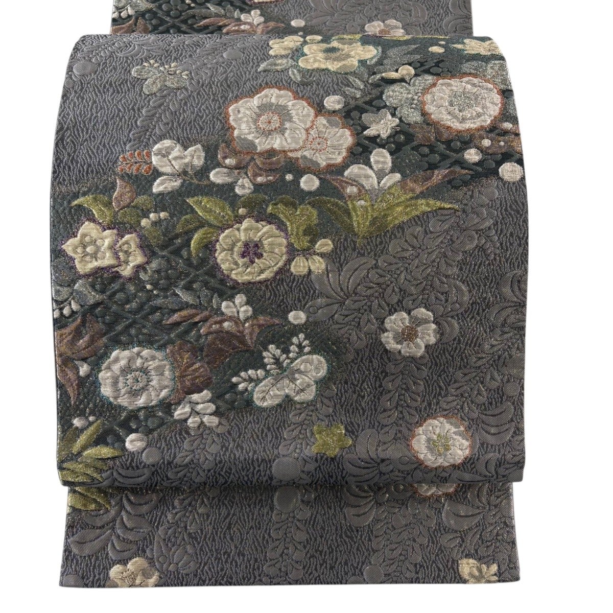 美品 袋帯 秀品 やまと 草花 松皮菱 箔 金銀糸 灰紫 六通 正絹