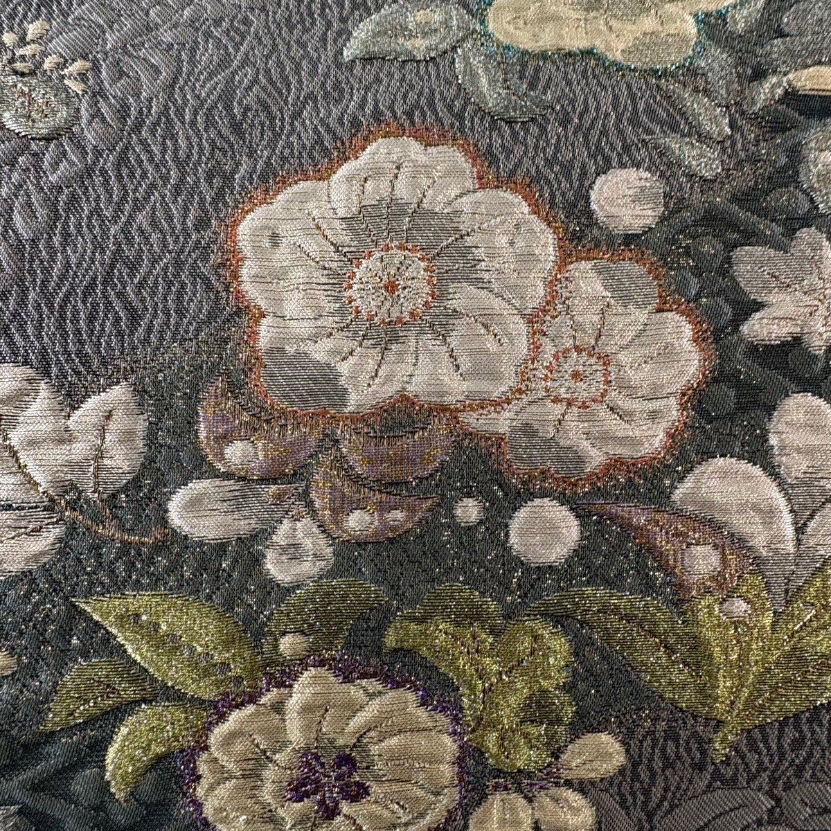 美品 袋帯 秀品 やまと 草花 松皮菱 箔 金銀糸 灰紫 六通 正絹