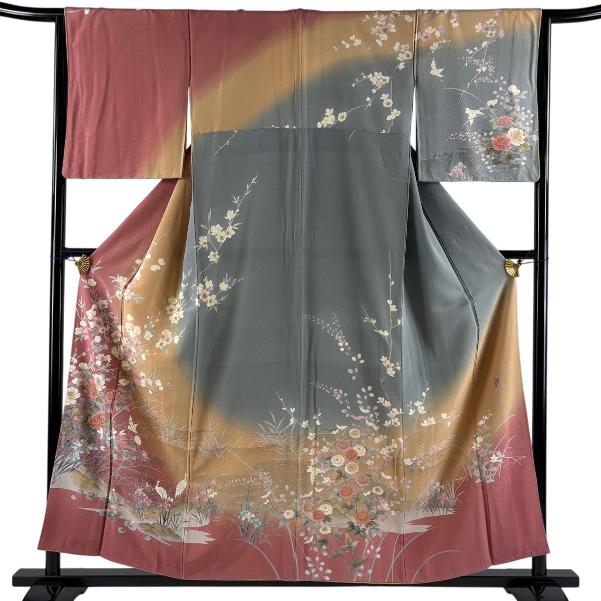 訪問着 身丈156cm 裄丈64.5cm M 袷 落款あり 枝花 金彩 染め分け 訪問着 身丈156cm 裄丈64.5cm M 袷 落款あり 枝花 金彩 染め分け