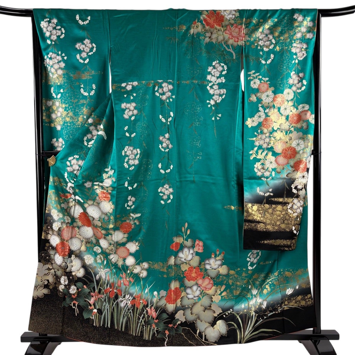 振袖 身丈166.5cm 裄丈68cm L 袷 蝶 菊 金銀彩 染め分け 緑 正絹 秀品