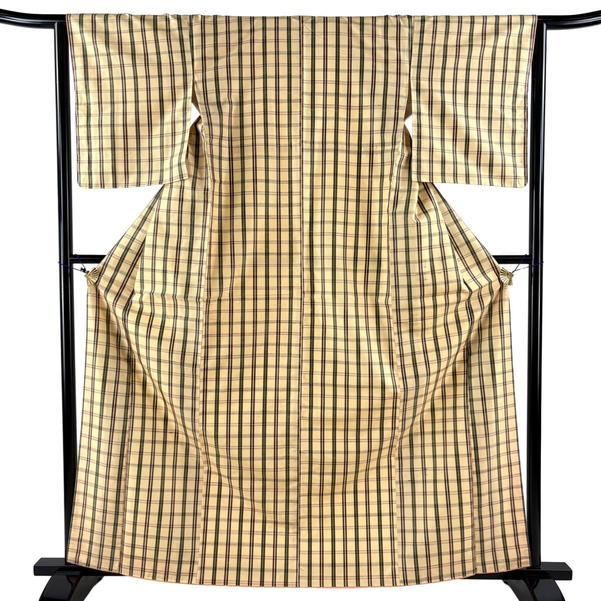 紬 身丈163cm 裄丈64cm M 袷 格子 薄黄 正絹 秀品｜中古・古着