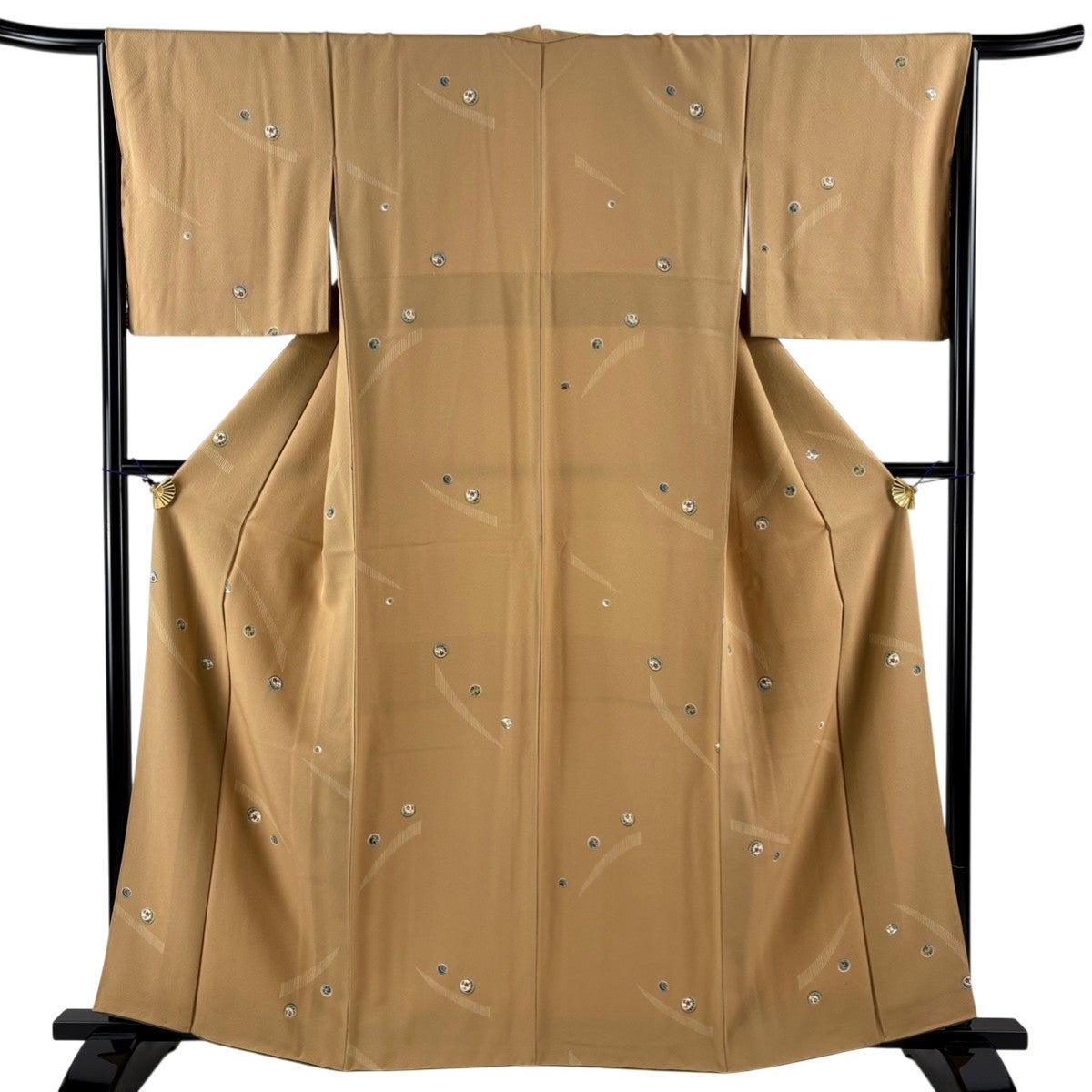 美品】 小紋 身丈162cm 裄丈64cm M 袷 地紋 草花 薄茶色 正絹 秀品