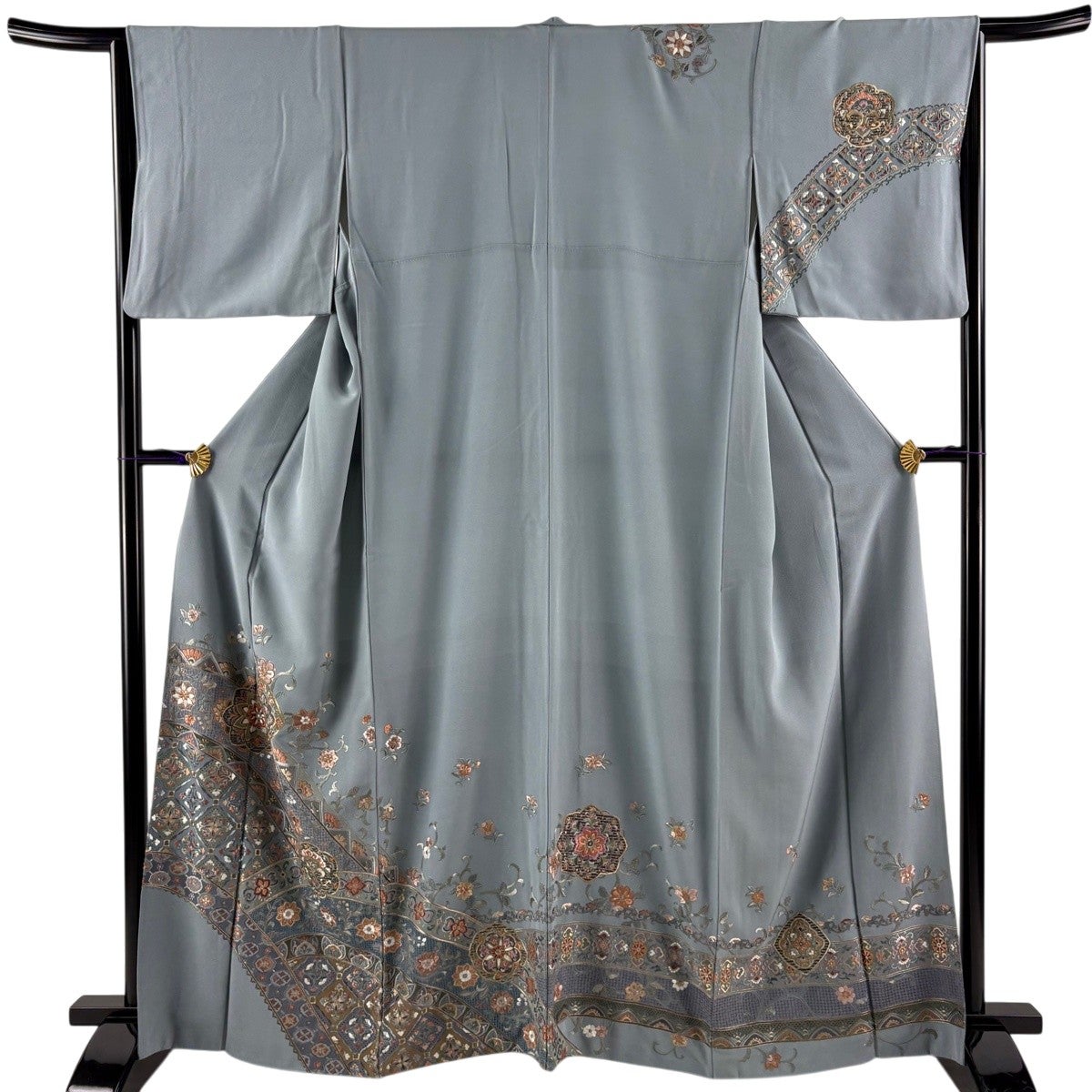 美品】 訪問着 身丈159cm 裄丈65cm M 袷 風景 人物 金彩 青灰色 正絹