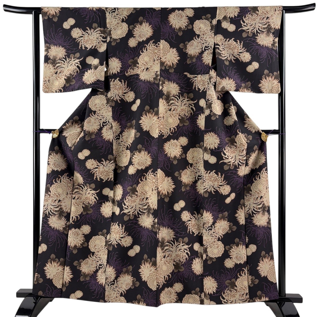 美品】 小紋 身丈161cm 裄丈64cm M 袷 洗える着物 菊 墨色 化繊 優品