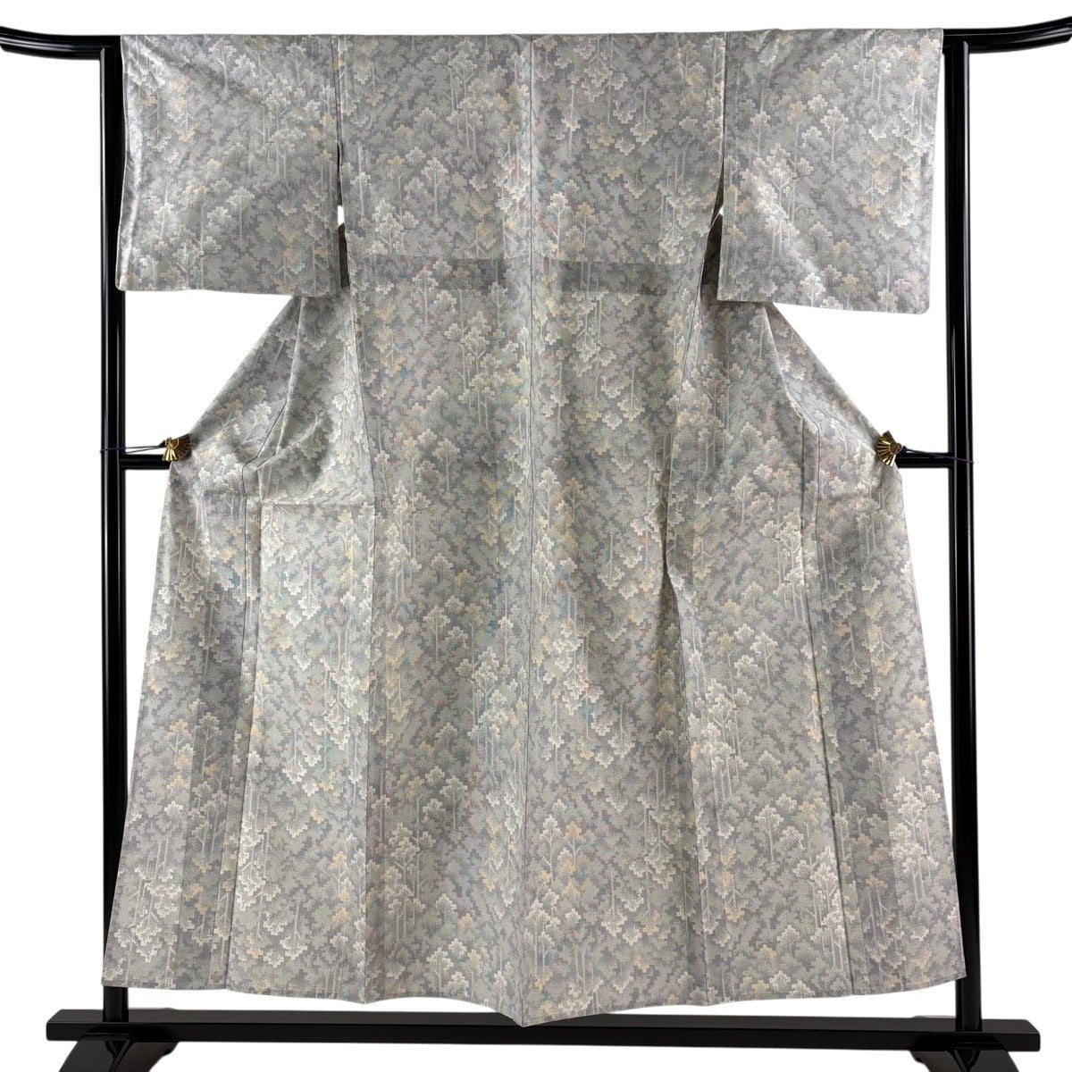 美品】 紬 身丈154cm 裄丈63cm S 単衣 証紙あり 樹木 灰色 正絹 優品