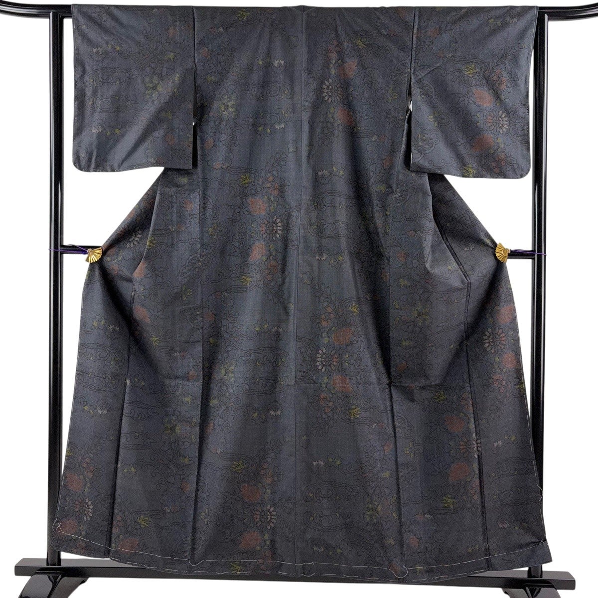 紬 身丈159cm 裄丈62.5cm S 袷 菊 波頭 紺色 正絹 優品｜中古・古着