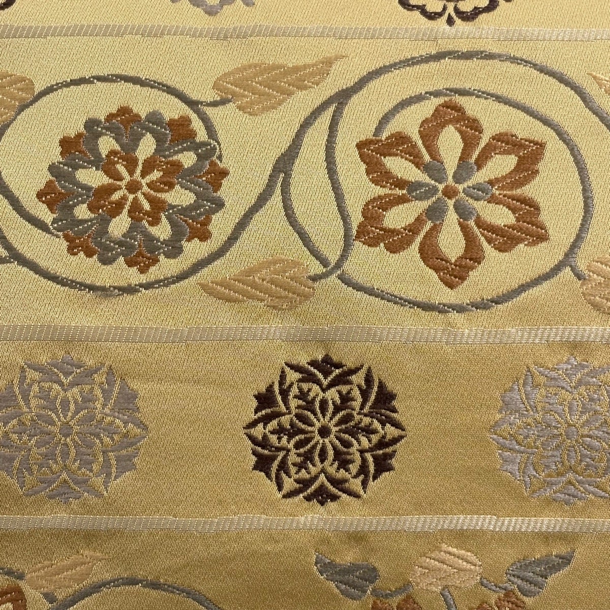 美品】 袋名古屋帯 優品 花唐草 縞模様 薄黄土色 化繊｜中古・古着