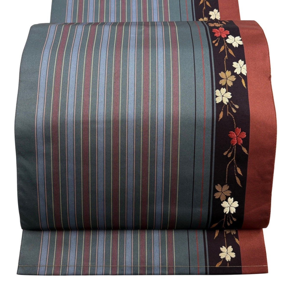 名古屋帯 優品 八寸名古屋帯 松葉仕立て 枝垂れ桜 縞模様 箔 灰緑 化繊