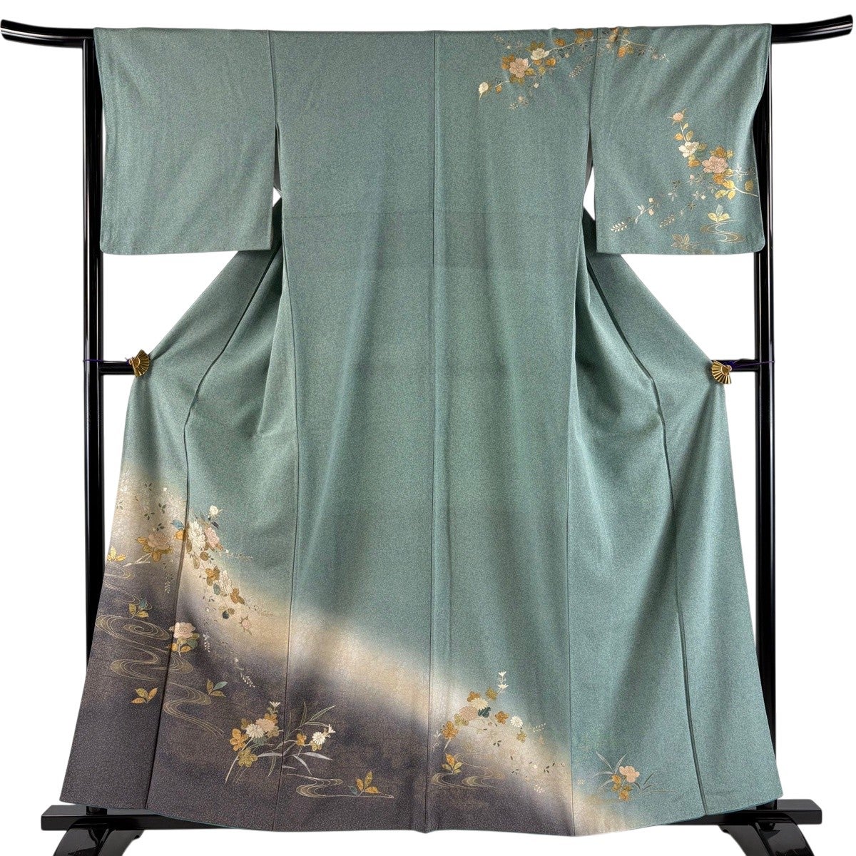 訪問着 身丈159cm 裄丈65cm M 袷 草花 流水 螺鈿 金銀彩 薄緑 正絹