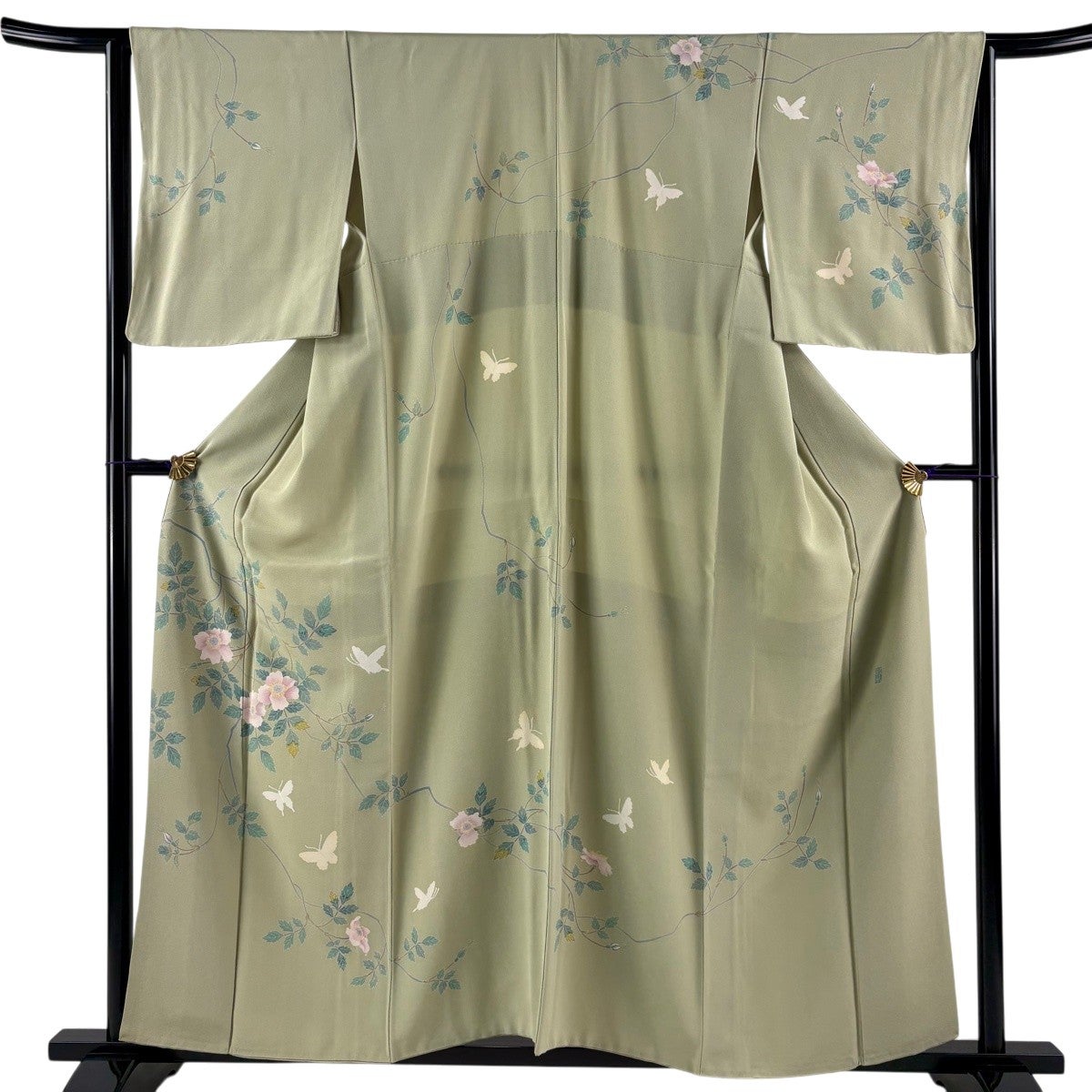 美品】 訪問着 身丈158cm 裄丈64cm M 袷 落款あり 枝花 蝶 薄緑 正絹