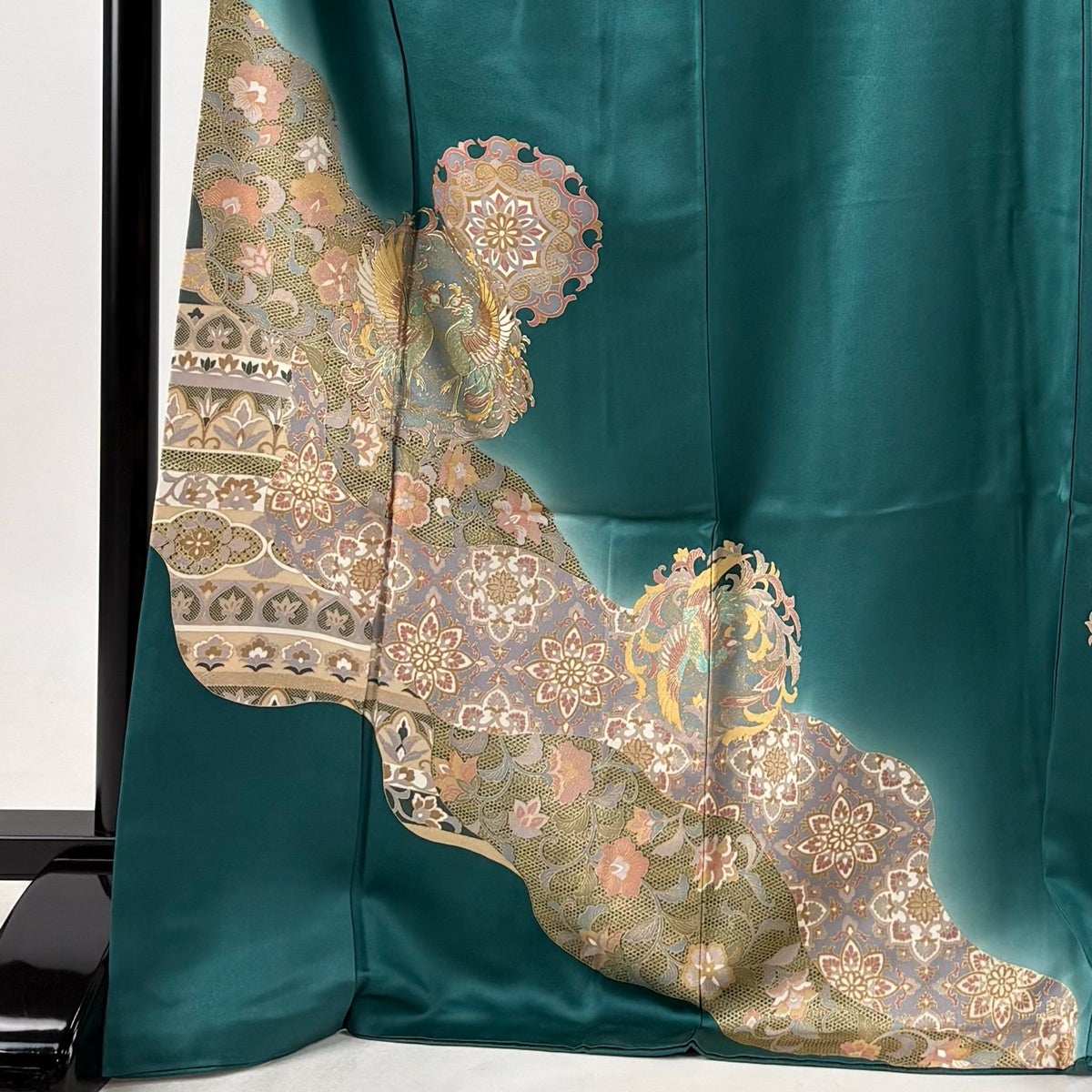 382 振袖フルセット 正絹 カーキ 茶 金彩 暈し染め 鈴乃屋 シック くすみ 付下げ 身丈172cm 裄丈67.5cm L 袷 鈴乃屋 向かい鳥 華文 金彩 ぼかし