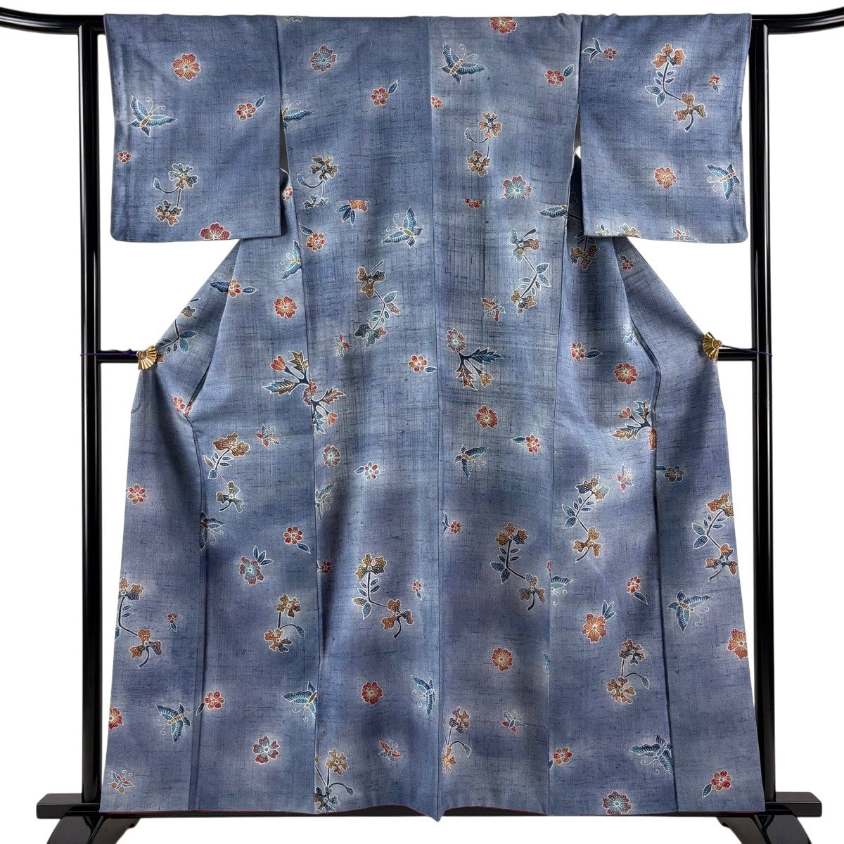 美品　正絹　デニムカラーの紬　袷　小紋　蝶模様 裄65 小紋 身丈158.5cm 裄丈63cm S 袷 紬地 草花 蝶 青 正絹 秀品｜中古