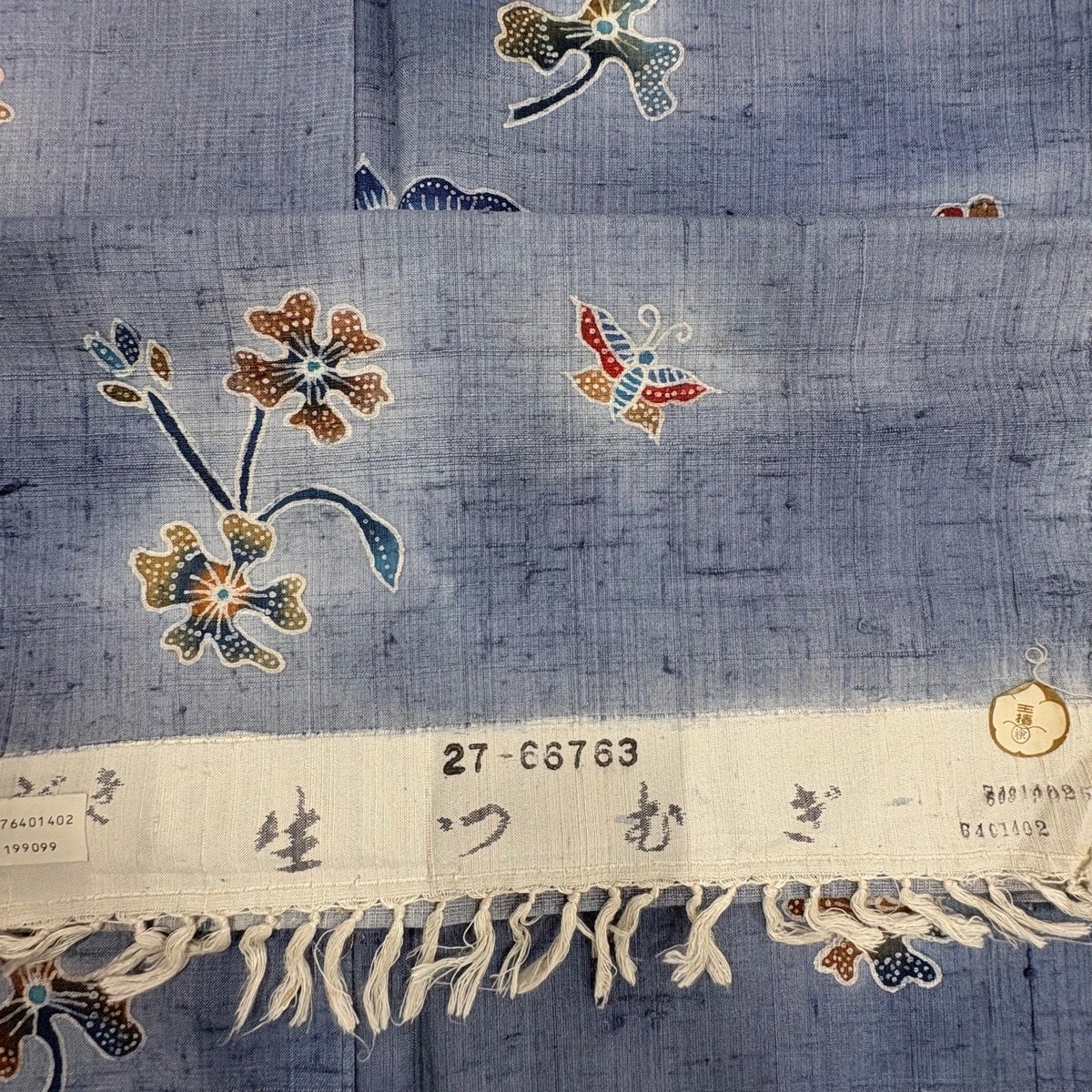 小紋 身丈158.5cm 裄丈63cm S 袷 紬地 草花 蝶 青 正絹 秀品｜中古