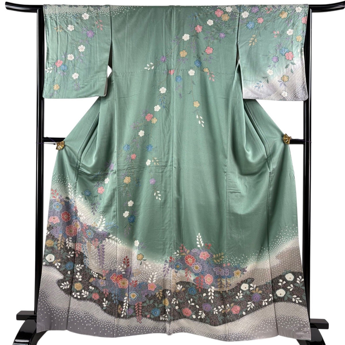 訪問着 身丈155cm 裄丈64.5cm M 袷 椿 草花 金糸 金彩 薄オレンジ 正絹
