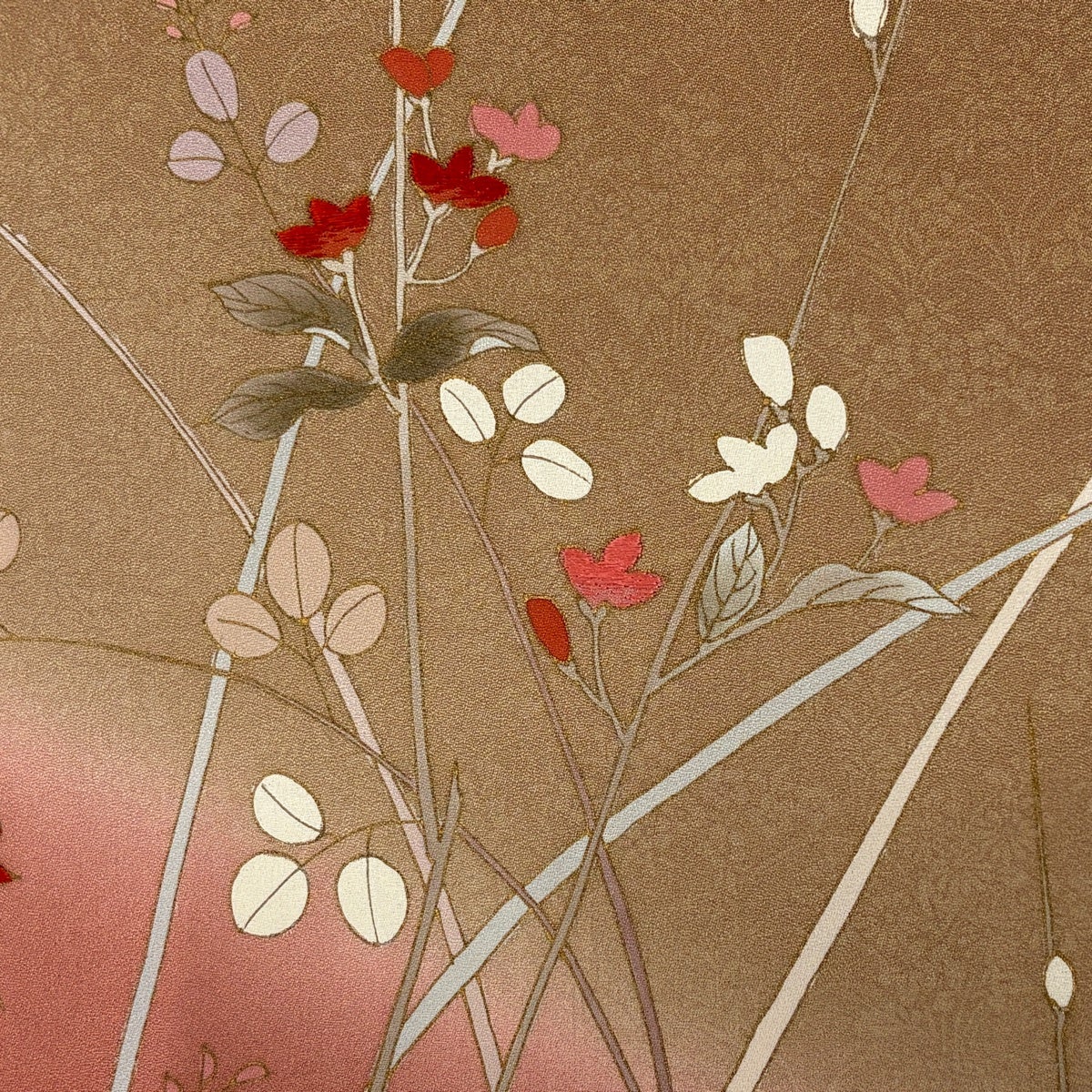 訪問着 身丈166cm 裄丈67.5cm L 袷 草花 萩 金彩 刺繍 茶色 正絹 秀品
