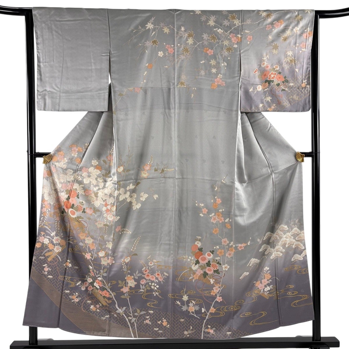 訪問着 身丈154cm 裄丈64cm M 袷 花筏 草花 金彩 ぼかし 灰色 正絹 秀