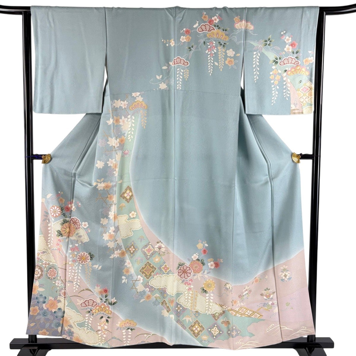 訪問着 身丈157.5cm 裄丈62.5cm S 袷 扇面 菊 金糸 金彩 灰緑 訪問着 身丈157.5cm 裄丈62.5cm S 袷 扇面 菊 金糸 金彩 灰緑
