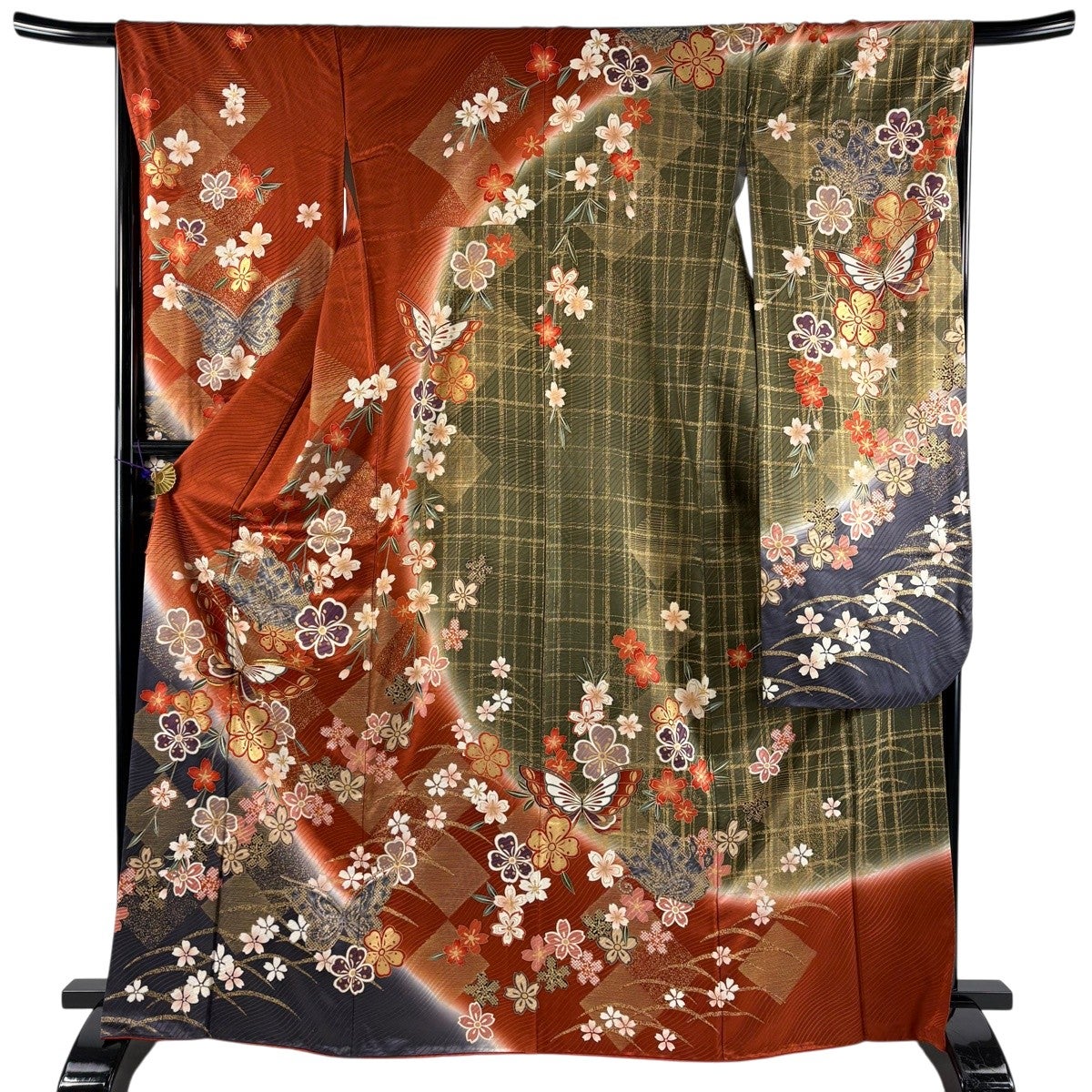 振袖 身丈165cm 裄丈66cm M 袷 蝶 桜 金糸 金彩 赤茶 正絹 秀品｜中古