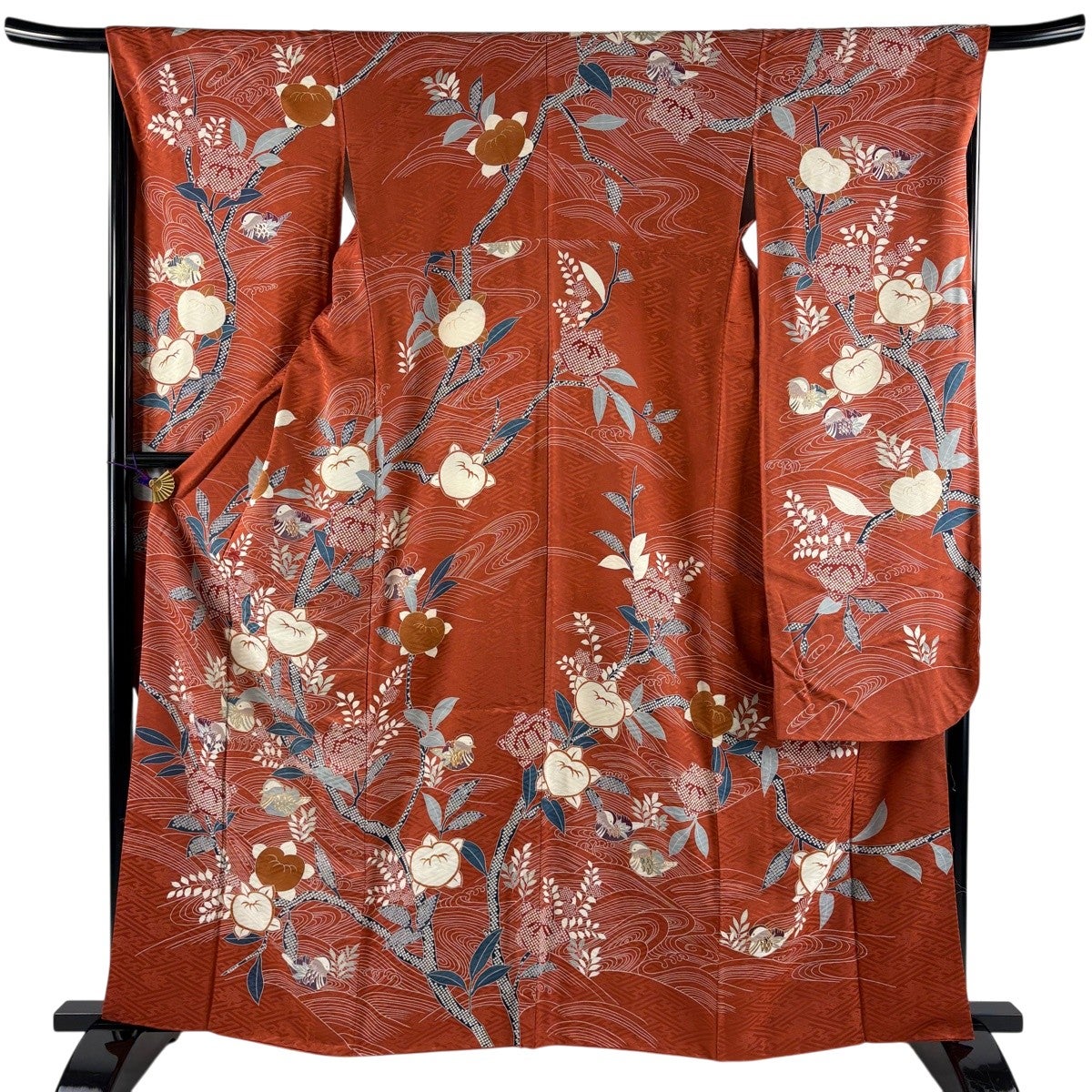 振袖 身丈161.5cm 裄丈66cm M 袷 橘 波 金彩 茜色 正絹 秀品｜中古