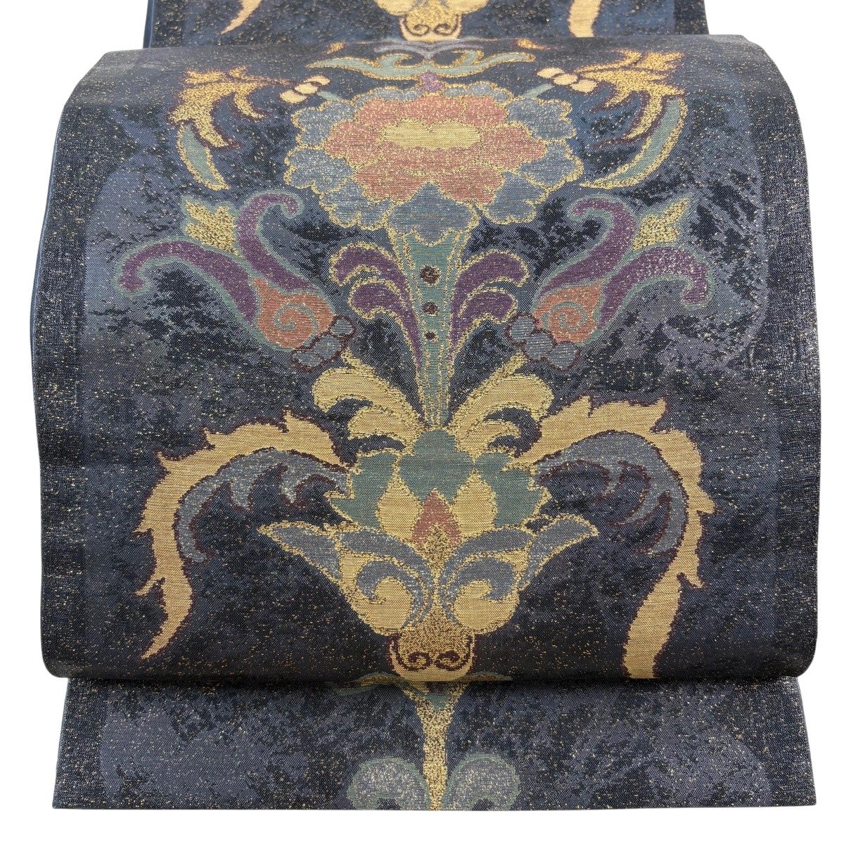 袋帯 逸品 渡文 落款あり 本袋 草花 箔 青灰色 六通 正絹｜中古・古着