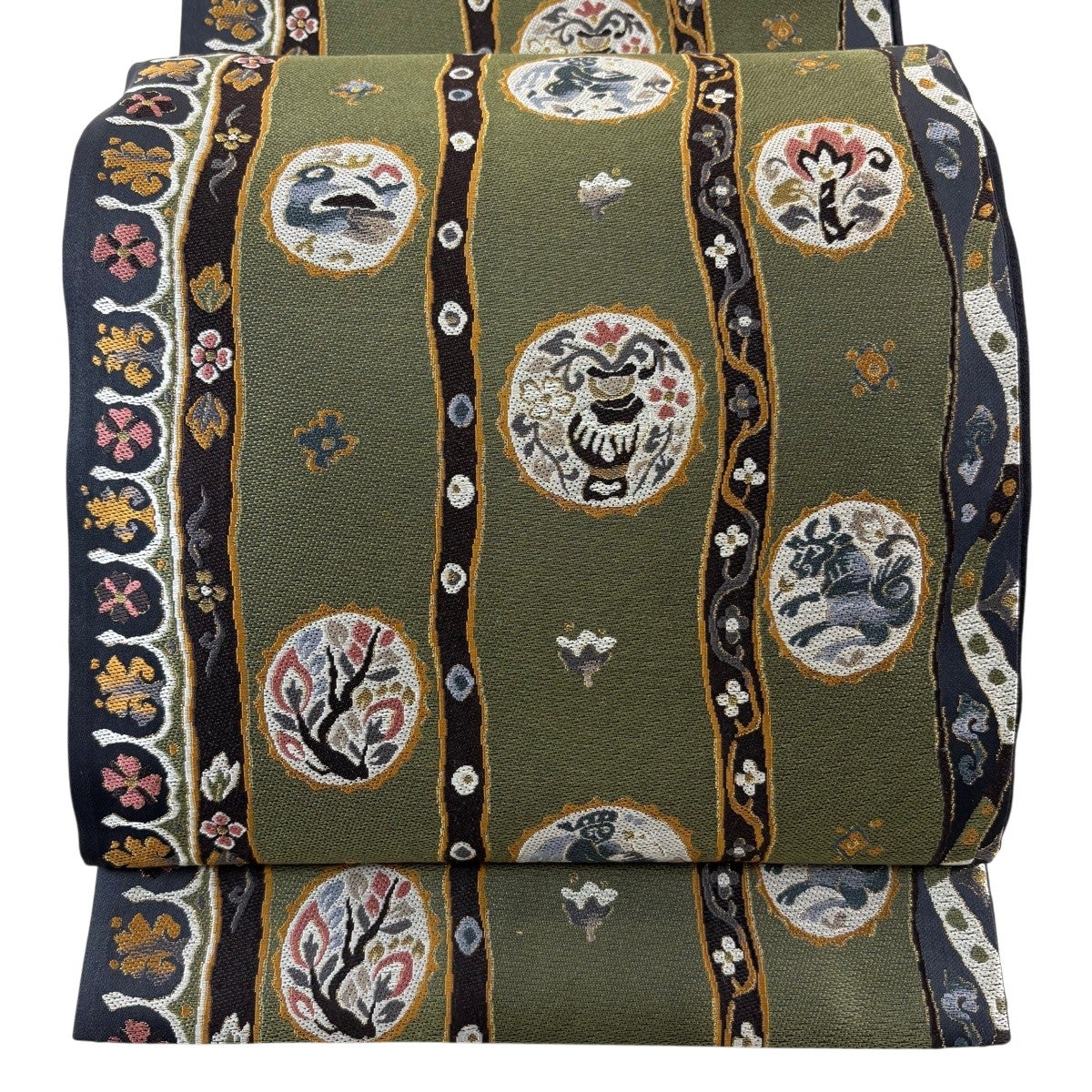 美品】 袋帯 名品 証紙あり 高島織物 羅紗織 陶眩 渦巻き 金糸 箔 深緑