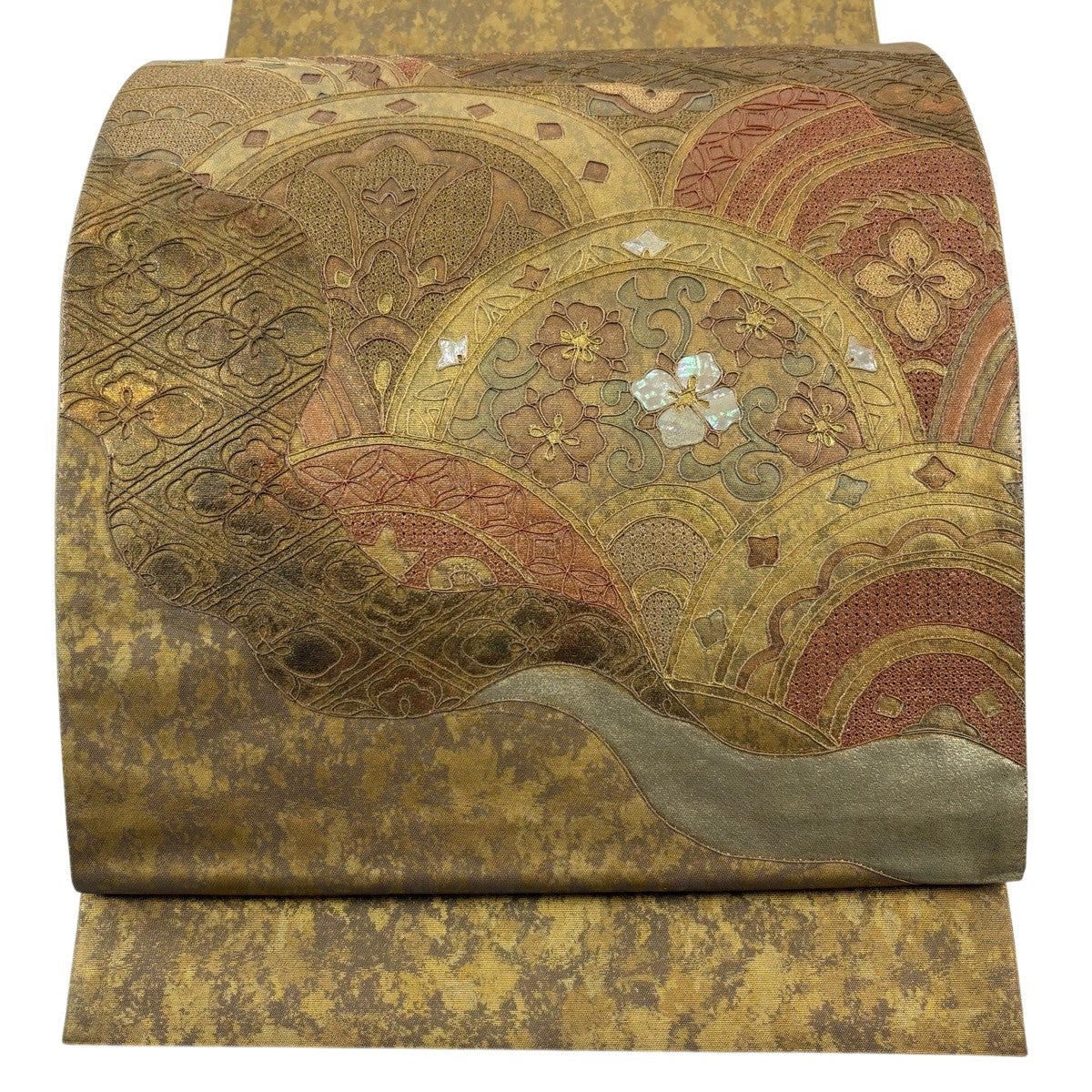 【未使用品】袋帯　ピンク真珠　螺鈿金彩　鳳凰　唐花　深緑　お太鼓柄 袋帯 名品 落款あり 華文 花唐草 螺鈿 金彩 金色 お太鼓柄 正絹｜中古