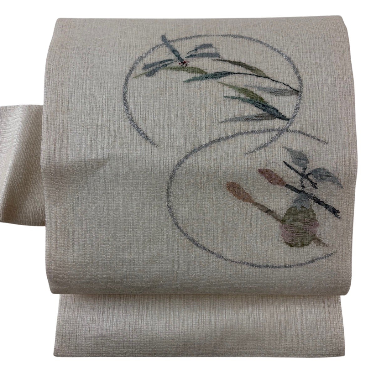 名古屋帯 名品 夏帯 絽 うちわ トンボ 金糸 刺繍 黒 正絹｜中古・古着