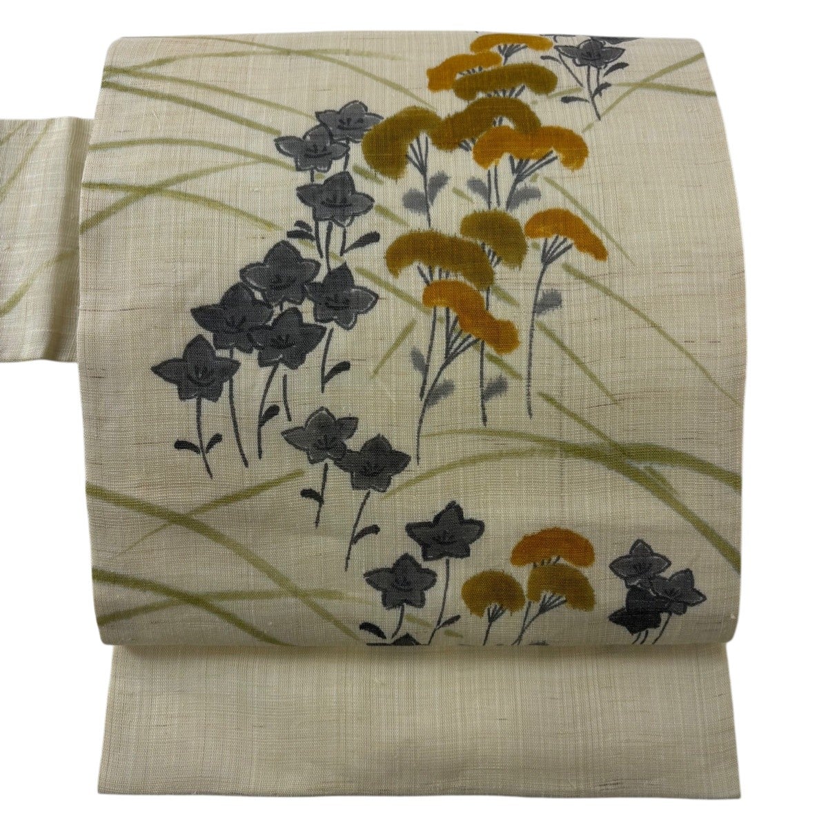 紬　夏帯　名古屋帯　美品 美品】 名古屋帯 名品 夏帯 紬地 女郎花 桔梗 薄黄 正絹｜中古・古着