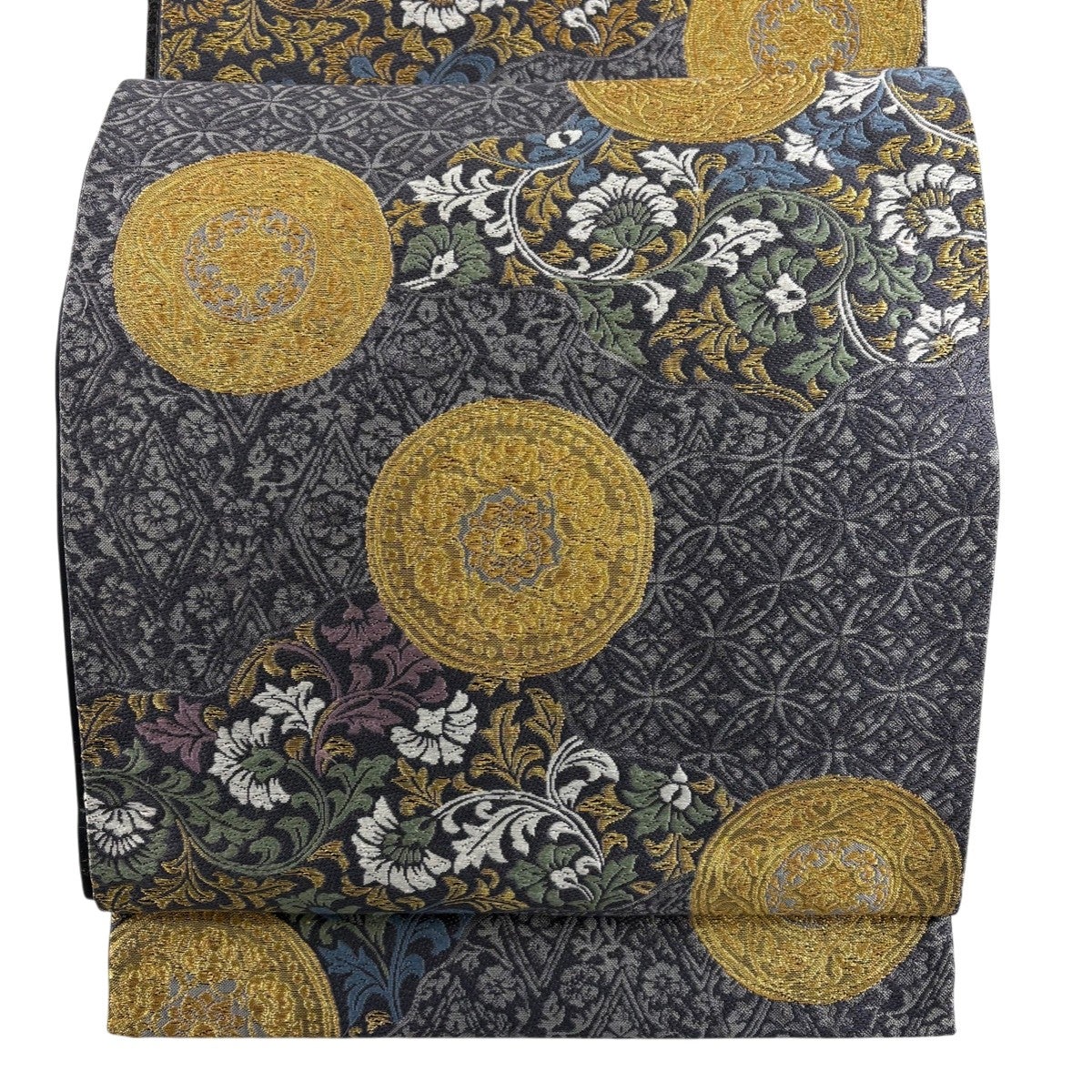 袋帯 秀品 華文 花唐草 蘇州刺繍 青灰色 お太鼓柄 正絹｜中古・古着