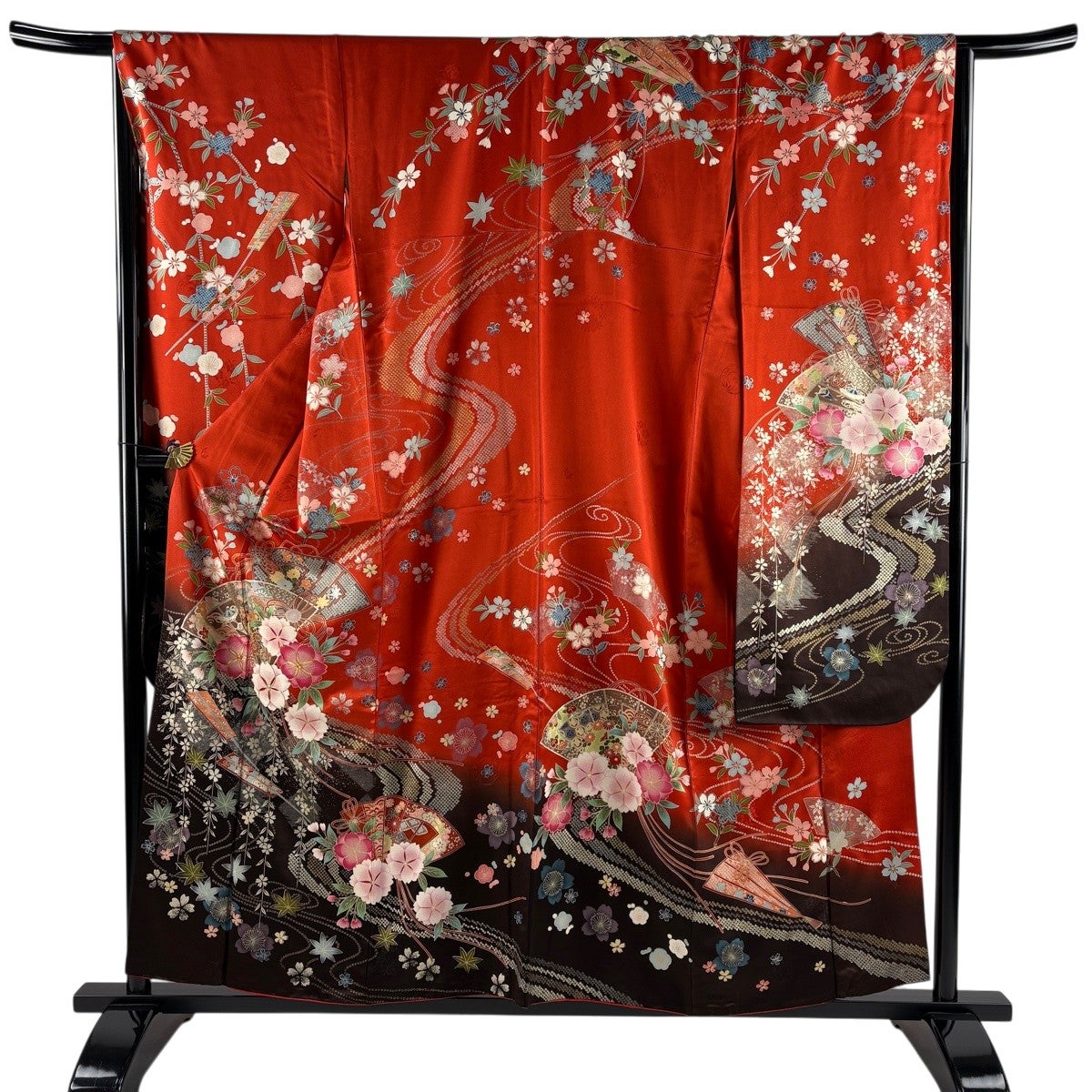 振袖 身丈157cm 裄丈67cm M 袷 桧扇 桜 金銀糸 金銀彩 茜色 正絹 秀品