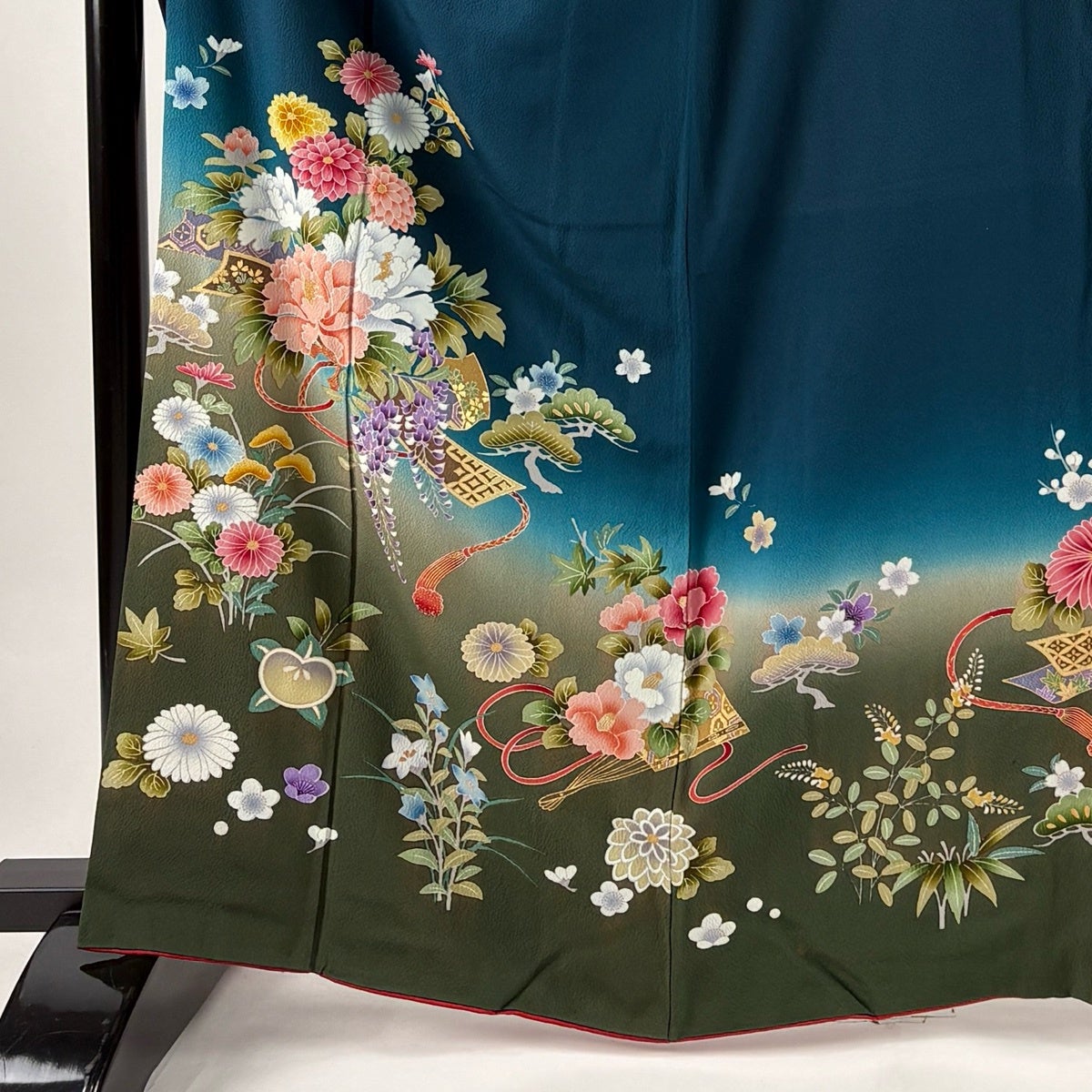 振袖 身丈163.5cm 裄丈64.5cm M 袷 草花 組紐 金彩 ぼかし 青緑 正絹