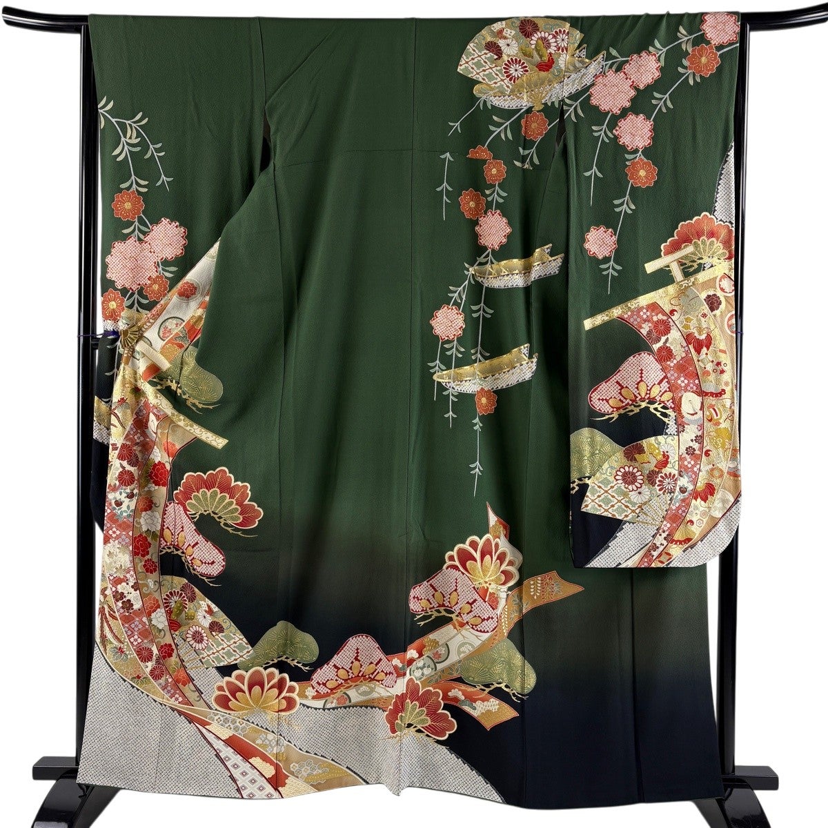 振袖フルセット6点サイズM〜Ｌ笠松文　金銀彩　正絹 振袖 身丈164cm 裄丈66cm M 袷 笠松 几帳 金彩 ぼかし 赤 正絹 秀品