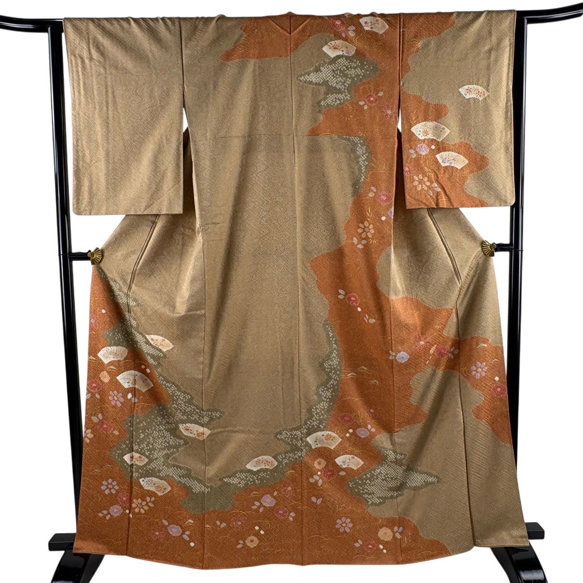 訪問着 身丈165cm 裄丈63cm S 袷 扇面 花 金彩 絞り 薄茶色 正絹 秀品