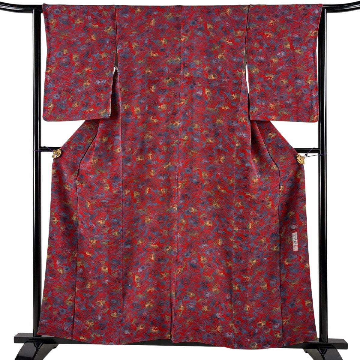 美品】 小紋 身丈160cm 裄丈65cm M 袷 菊 松竹梅 縮緬 薄緑 正絹 秀品