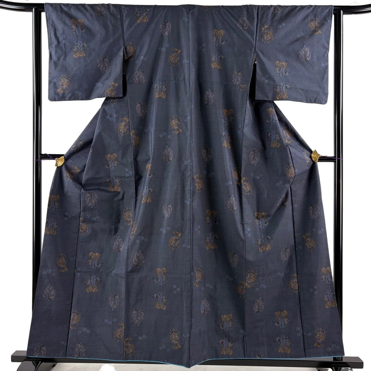 美品】 大島紬 身丈157cm 裄丈62cm S 袷 歌舞伎役者 梅 青灰色 正絹 秀