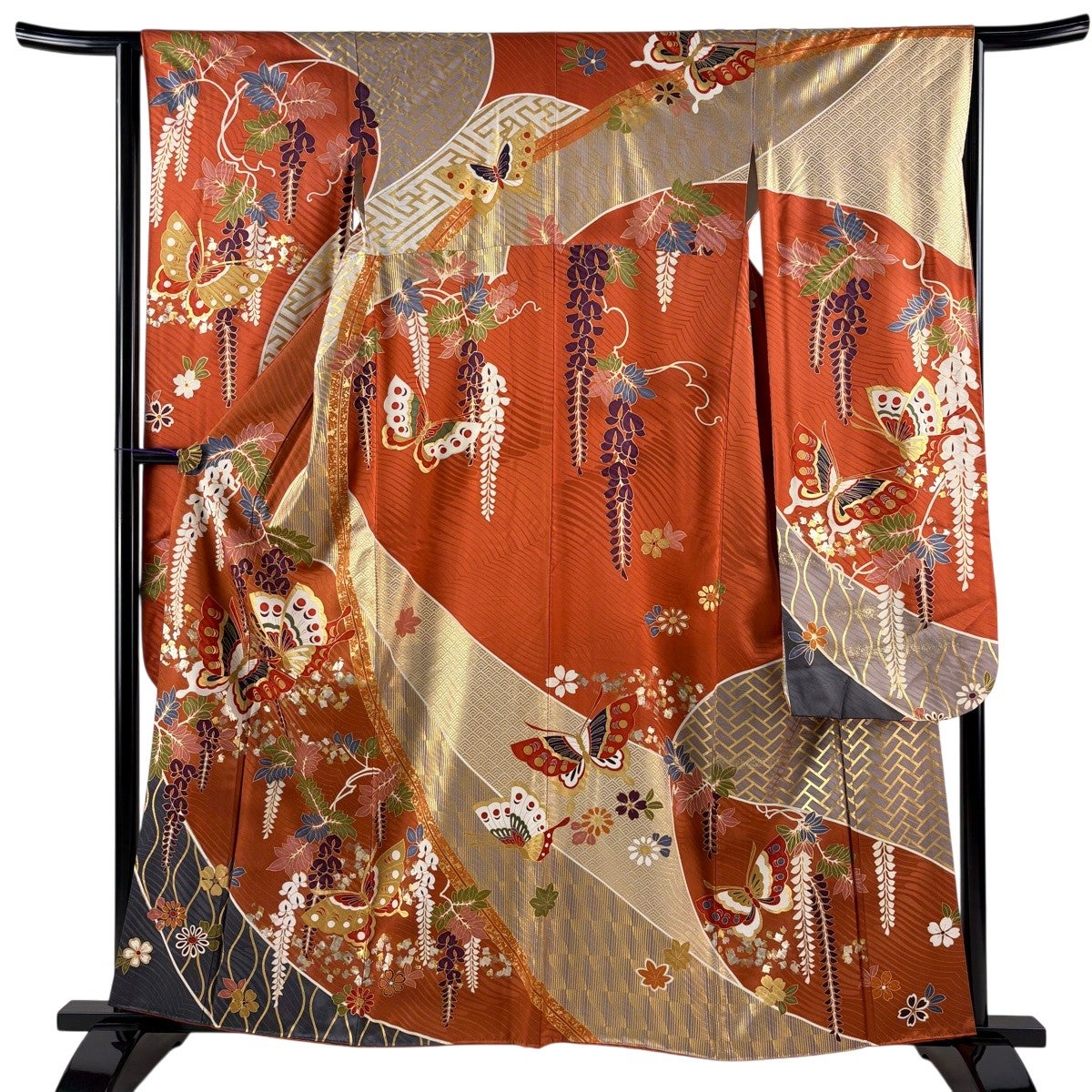 振袖 身丈160cm 裄丈64cm M 袷 蝶 藤 金銀彩 オレンジ 正絹 秀品｜中古