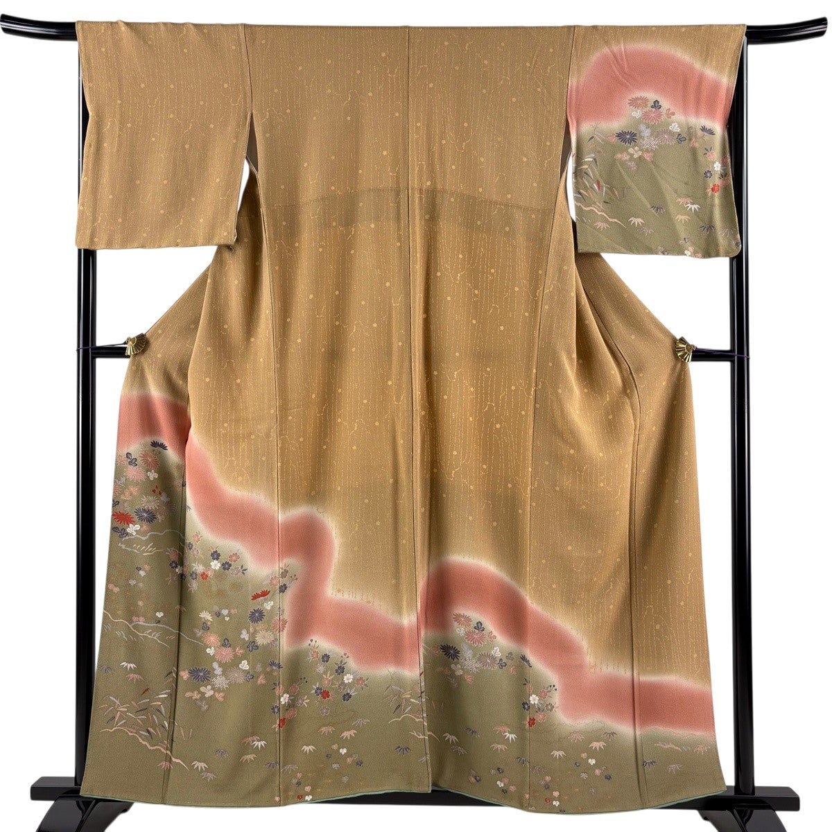 付下げ 身丈158cm 裄丈68cm L 袷 菊 桜 金彩 染め分け 薄茶色 正絹 秀
