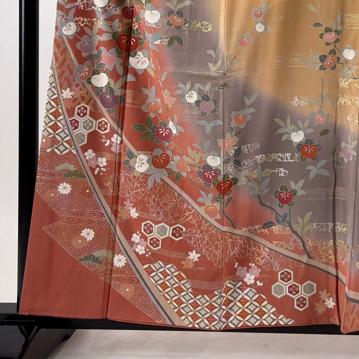 訪問着 身丈158.5cm 裄丈64cm M 袷 落款あり 橘 有職文様 金銀彩
