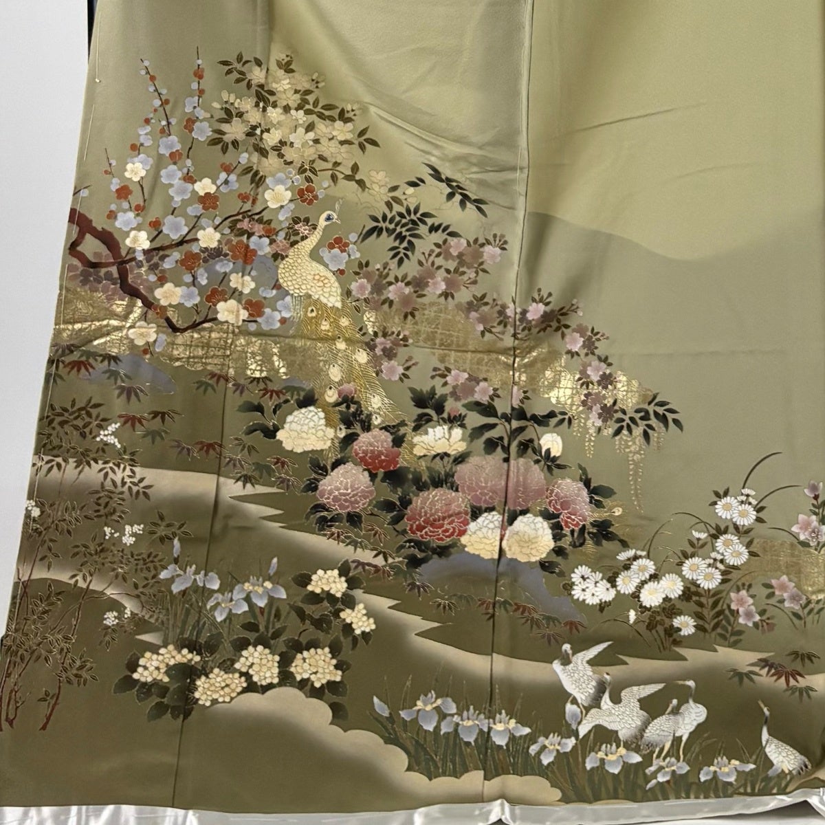 ★専用★美品 色留袖 淡い青緑 松 梅 菊 比翼仕立て 金彩加工 身丈167 色留袖 身丈177cm 裄丈67.5cm 未仕立て 仮絵羽 孔雀 枝梅 金彩 ぼかし
